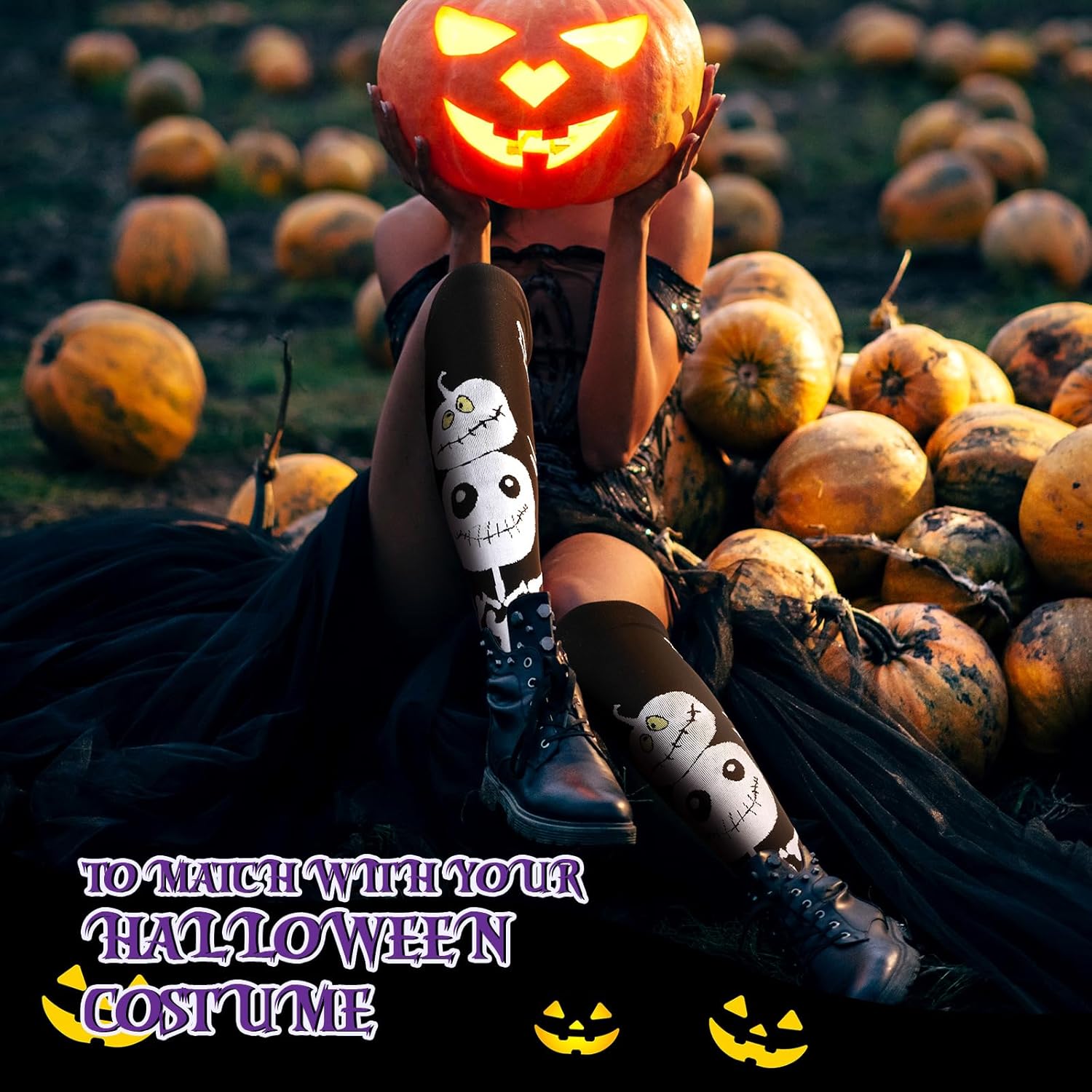 Cindeer 3 Pairs Skull Skeleton Knee High Socks Christmas Horror Socks for Women Men - Image 3