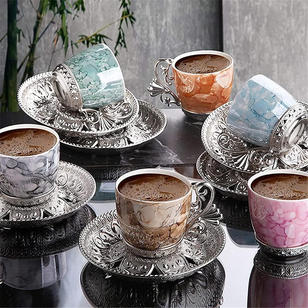 Coffee Cup Saucers Set for 6 Person 4 OZ Greek Coffee Espresso Women Men Gift Housewarming Wedding (Color : Gold) (Silver)