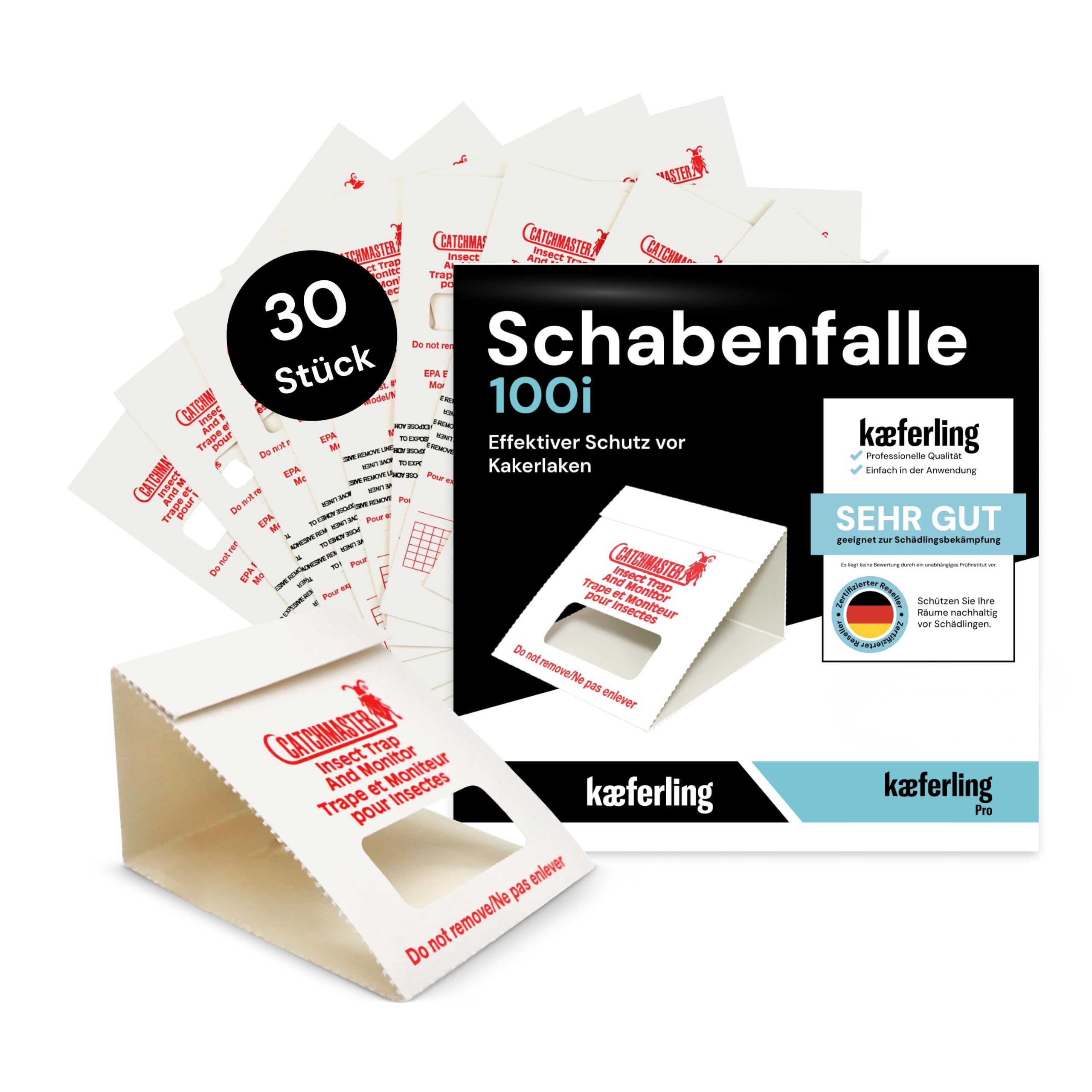 Catchmaster Schabenfalle 100i – 30x Premium Kakerlaken-Falle Klebefallen - Giftfrei & Biozidfrei - Mittel gegen Kakerlaken, Heimchen & Schaben - Zur Bedarfsermittlung & Monitoring 30 Fallen