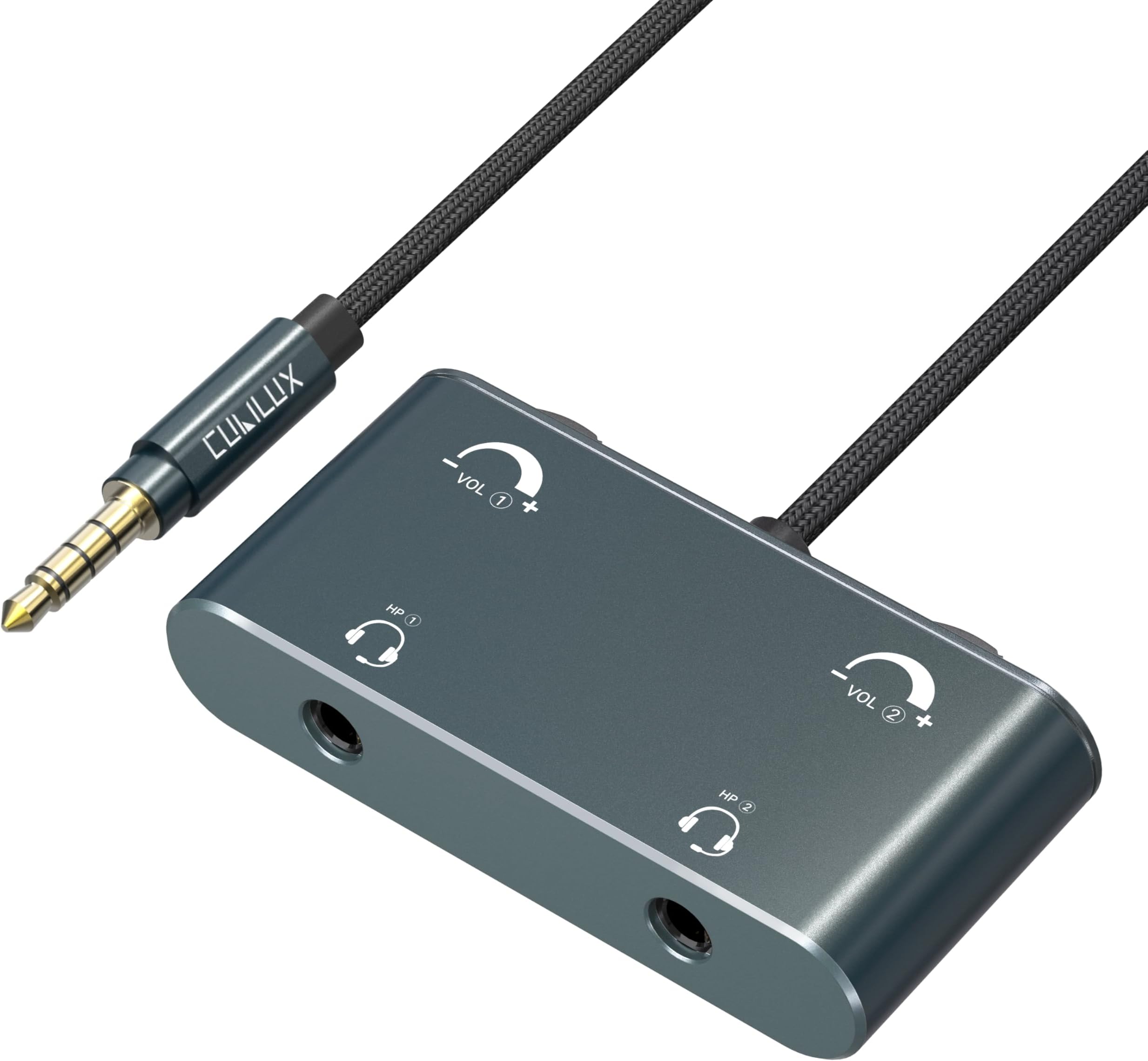 3.5mm Dual Headset Adapter with Volume Control, 1/8" to 2 TRRS Microphone Connector, Double Headphones Audio Splitter for 2 People Meeting, Recording, Online Training, Music Sharing