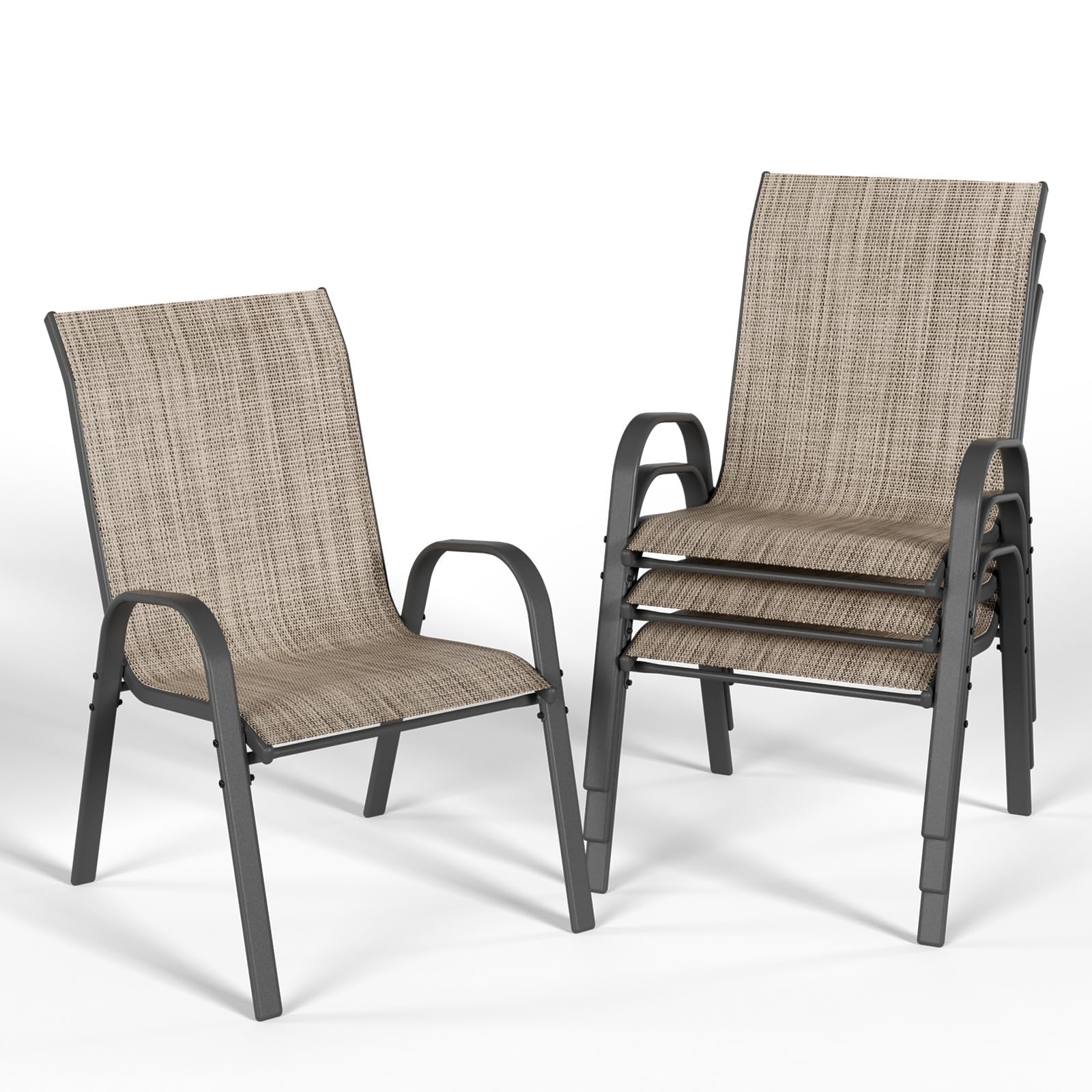 UDPATIO 4er Set Gartenstühle Stapelbare, 55cm Breiter Hochlehner Gartenstuhl, Stapelstühle aus Textilene, Atmungsaktive Terrassenstühle für Balkon, Terrasse, Garten, Braun