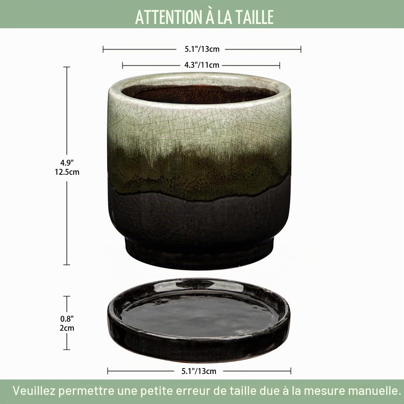 Oairse Pot en céramique pour plantes, 13 cm, vase de plantation en céramique, petit pot décoratif avec trou de drainage et sous-pots, dégradé de couleur, noir, pour l'extérieur, pot de fleurs