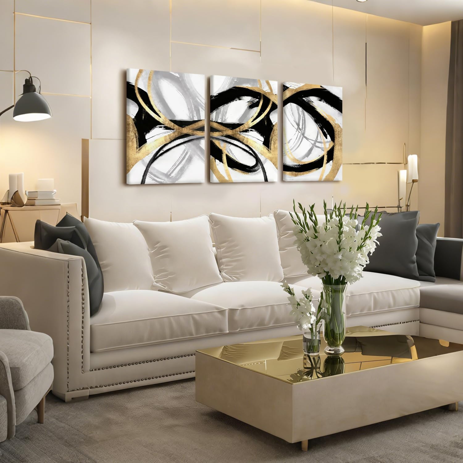 LYYGLYY 3Pcs Framed Black and Gold Canvas Wall Art for Living Room, Abstract Black and Gold Poster Print Wall Decor, Modern Minimalist Line Artwork for Office, Home, 12x16 Inches