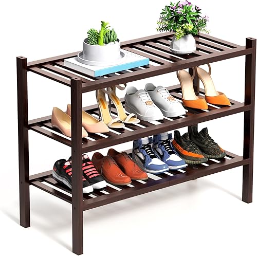 Miniatura 12 de Zapatero de 2 niveles de bambú para clóset, estante de madera independiente, organizador de almacenamiento para entrada, espacio pequeño, apilable