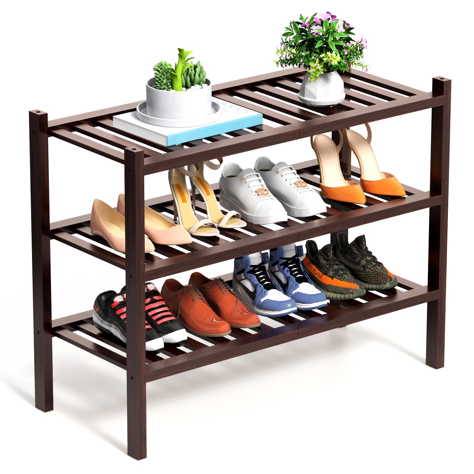 RONGJlA 3 Tier Bamboo Shoe Rack for Closet Free Standing Wood Shoe Shelf Storage Organizer for Entryway Small Space Stackable, Natural, Brown
