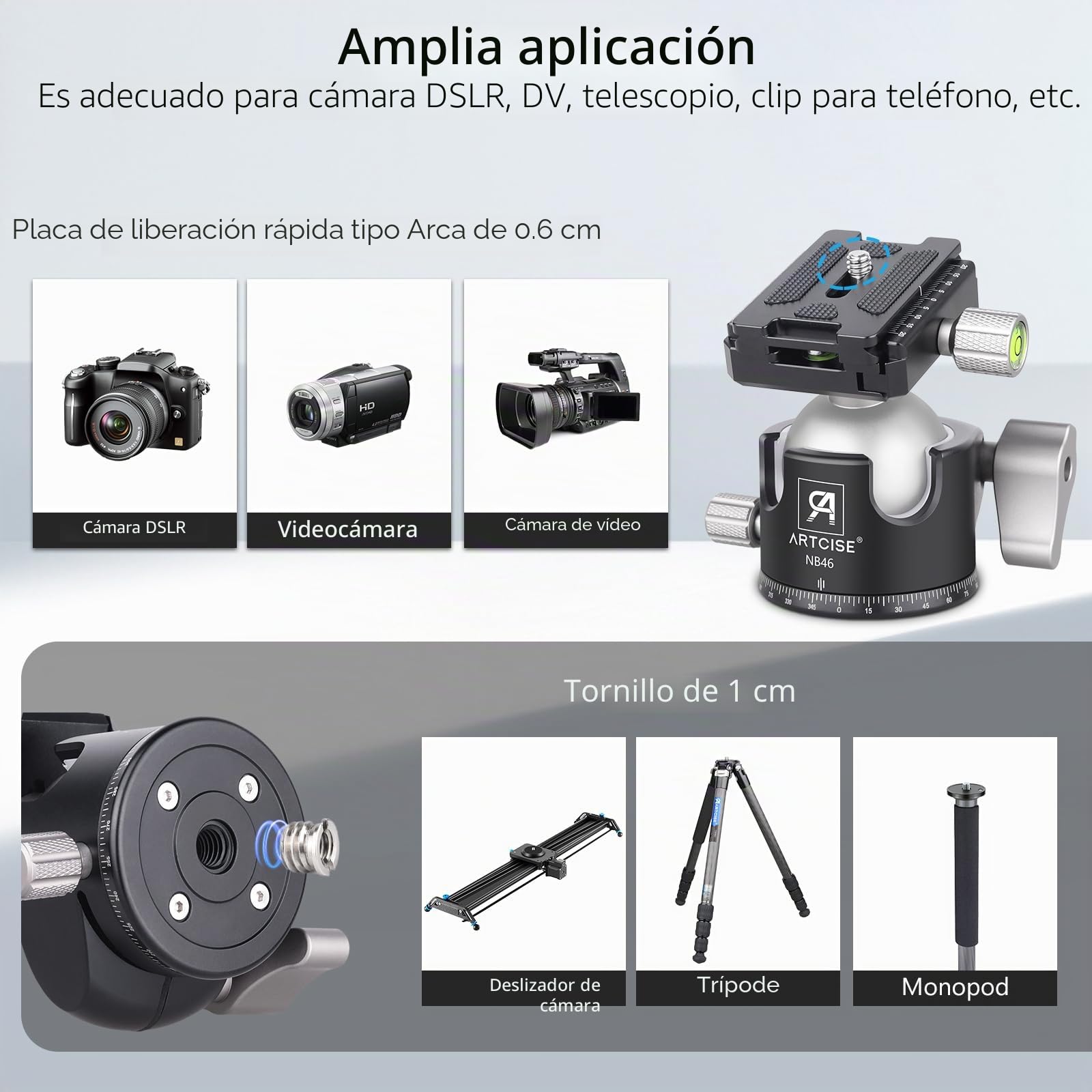 Cabezal de Bola ARTCISE Cabezal de Trípode de Perfil Bajo Todo de Metal para Cámara Carga de 20 kg con Placa de Liberación Rápida Arca Swiss para Trípode, Monopié, DSLR, Cámara