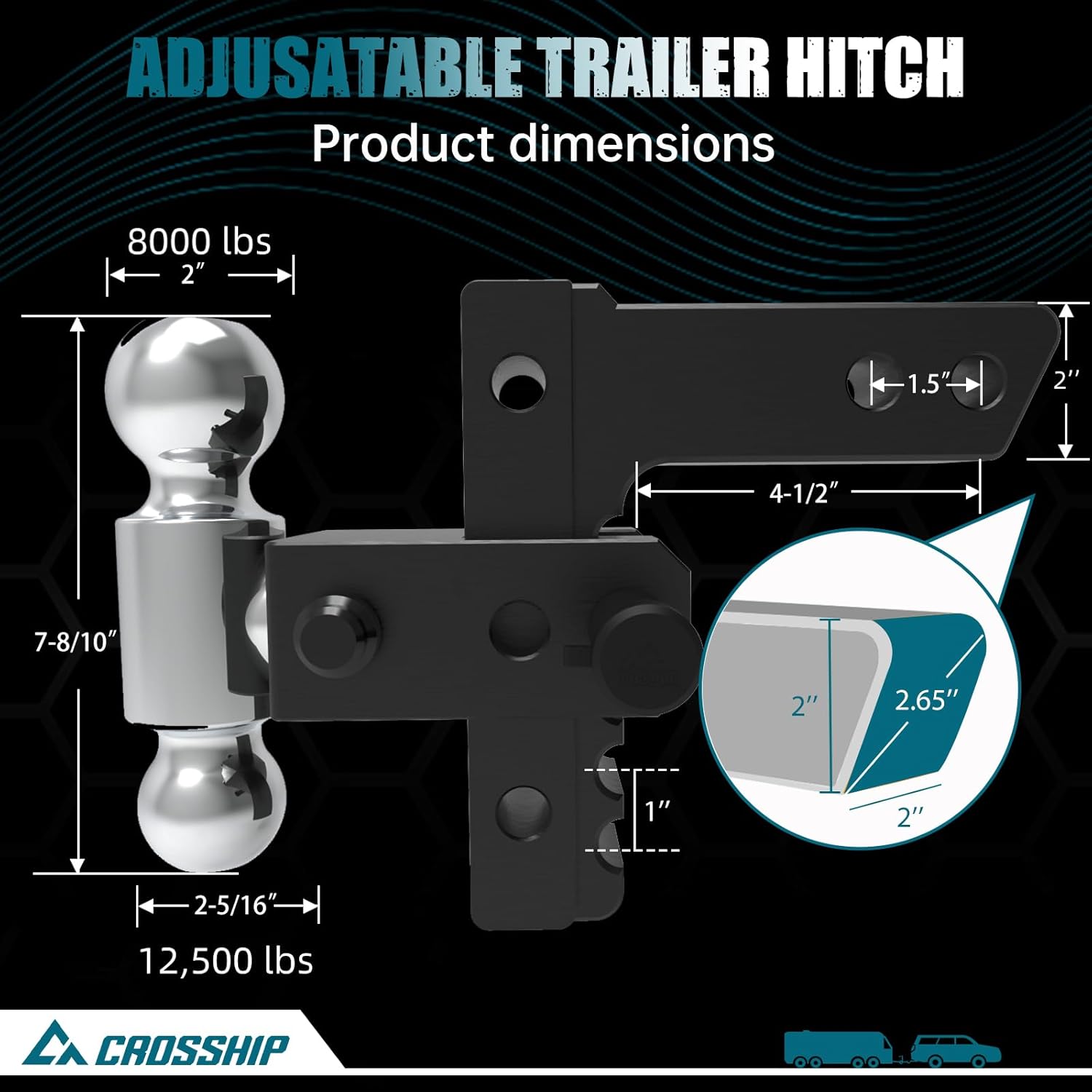 Adjustable Trailer Hitch - Heavy Duty Aluminum Drop Hitch + Hitch Tightener for 1.25" and 2"