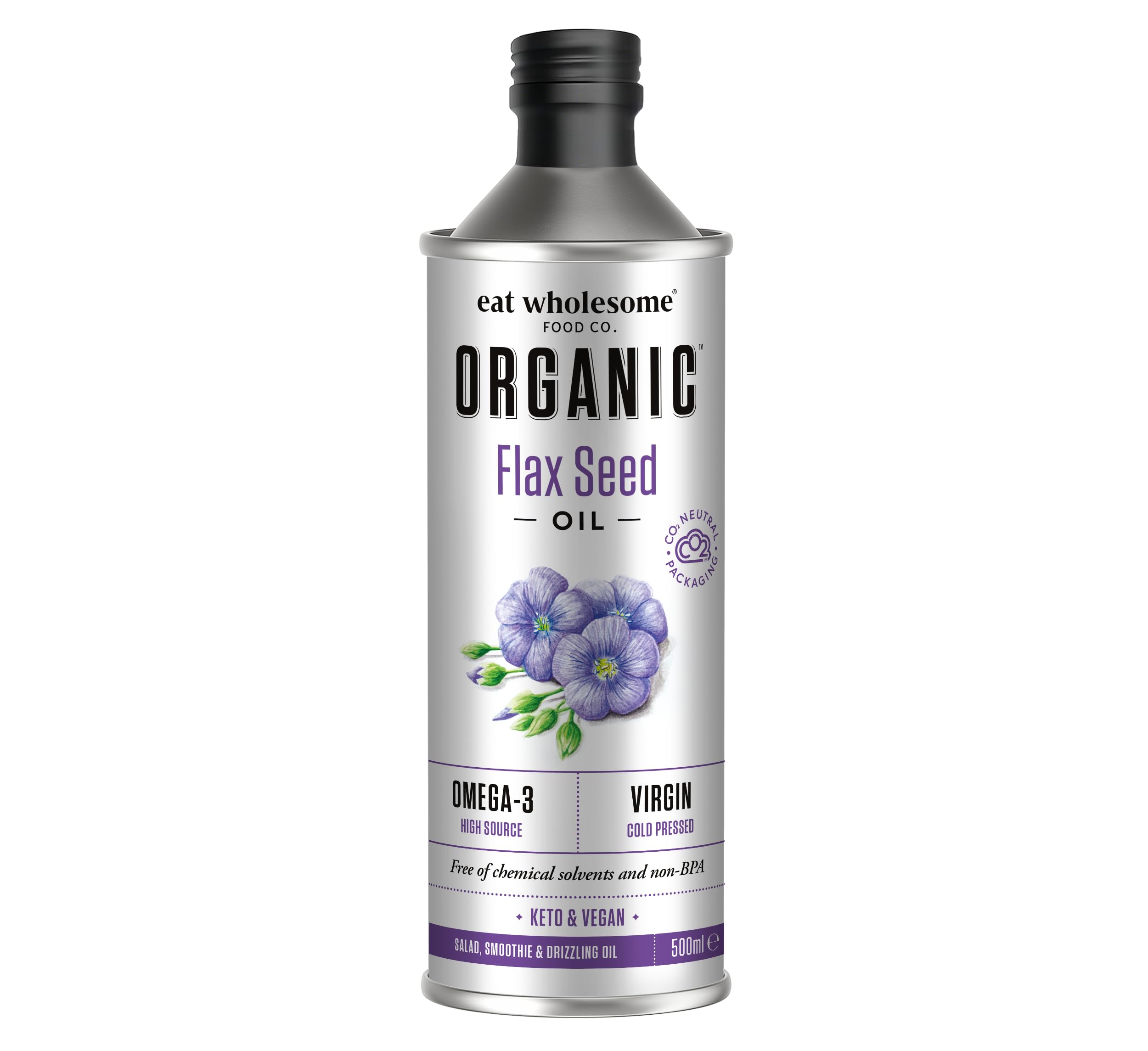 Eat Wholesome Organic Flax Seed Oil, 500ml - Cold Pressed, Unrefined, High Source of Omega 3, 100% Pure & Natural, For Smoothies, Salads, Skincare & Hair, Vegan