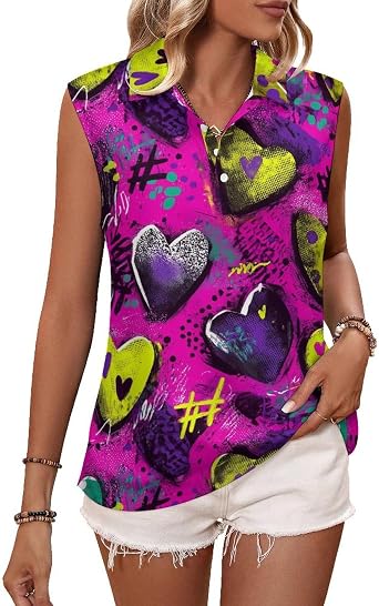 KIDVOVOU Womens Sleeveless Polo Shirt Hip-Pop Graffiti Printed Collared Shirts Quick Dry Tennis Golf Tops
