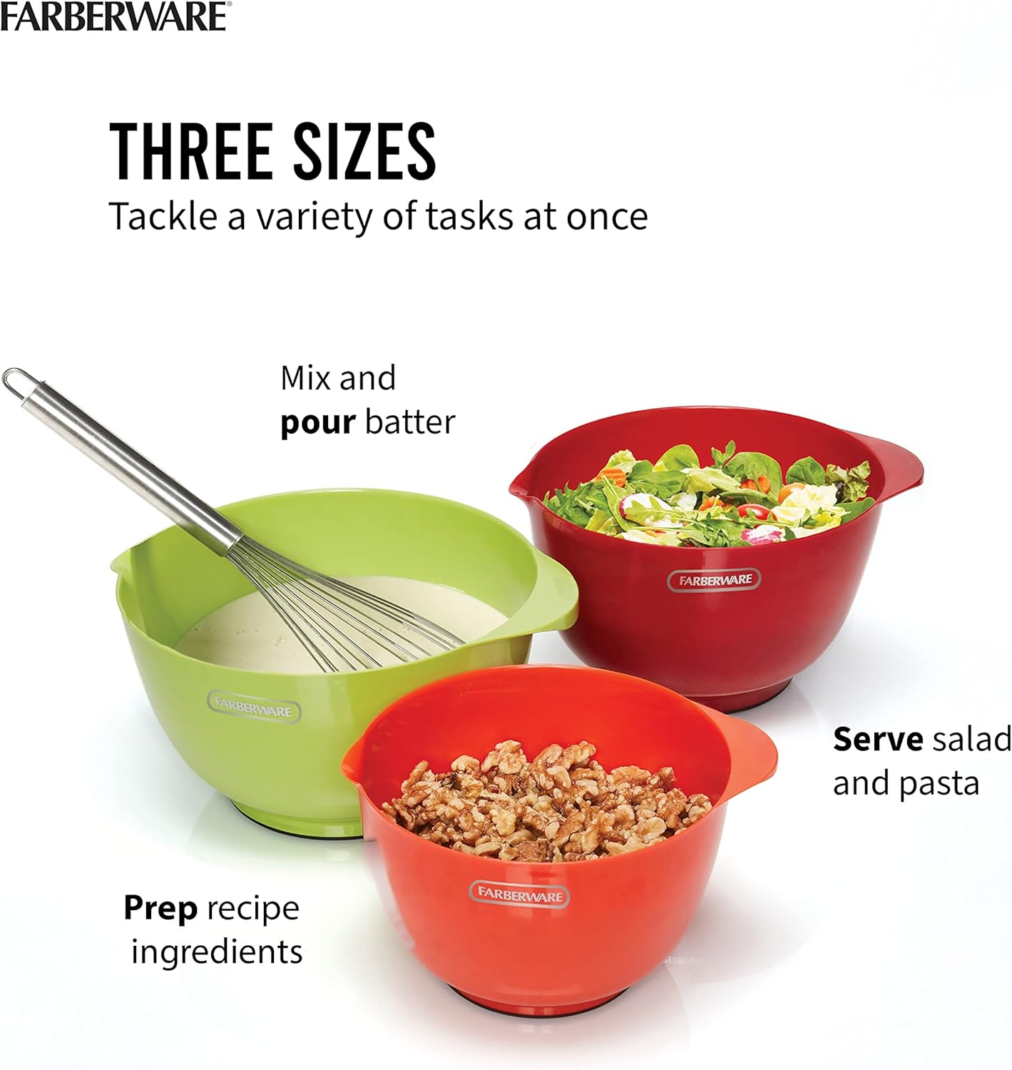Farberware - 5216128 Farberware Professional Plastic Mixing Bowls, Set of 3, Orange/Red/LightGreen