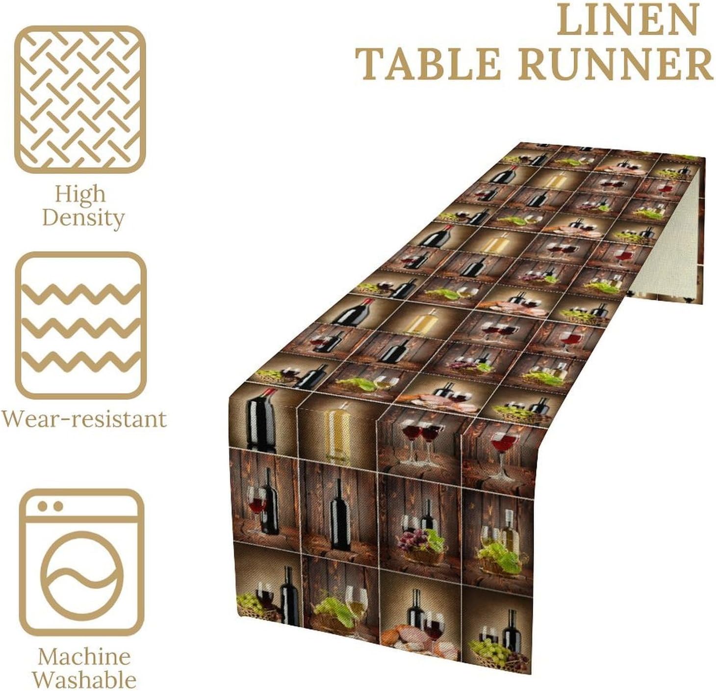 Wine Table Runner Retro Grape Wine Glass Patchwork Rustic Country Decor for Indoor Outdoor Party Dinner Festival Farmhouse Holiday Dining Room Home Kitchen Restaurant, 13x120in