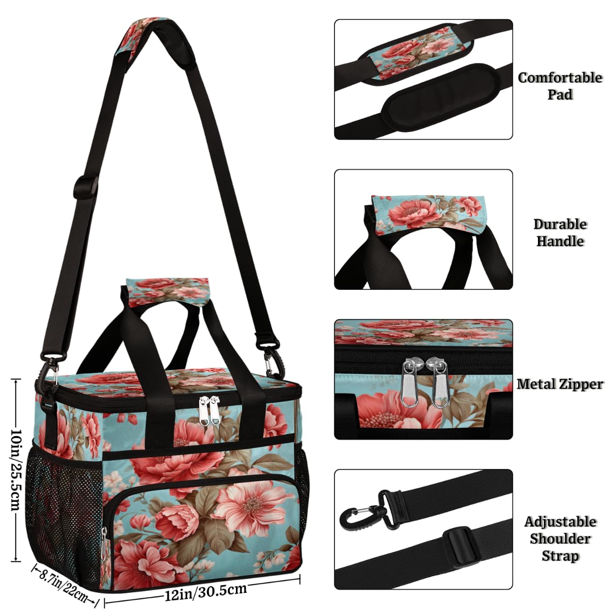 Floral Insulated Picnic Backpack Lunch Box for Women Men Picnic Basket Tote Lunch Bag Picnic Bag Portable Lunch Bags for Picnic, Beach, Work, Trip,Office, Camp Peony Roses