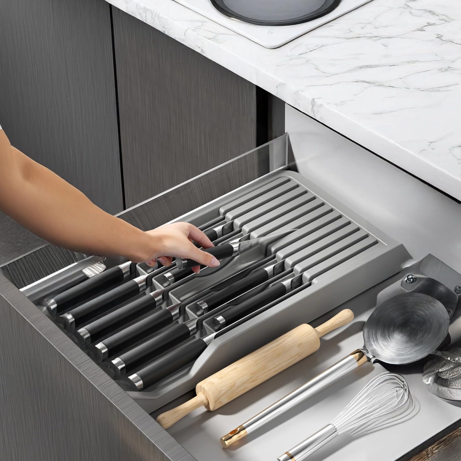 Blocco di taglio espandibile per cassetto della cucina, pratico organizer per riporre oggetti