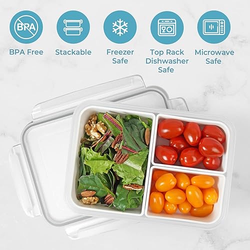 Miniatura 3 de carrotez - Recipiente de almacenamiento de alimentos con 3 compartimentos extraíbles, recipiente para preparación de alimentos con tapas herméticas,