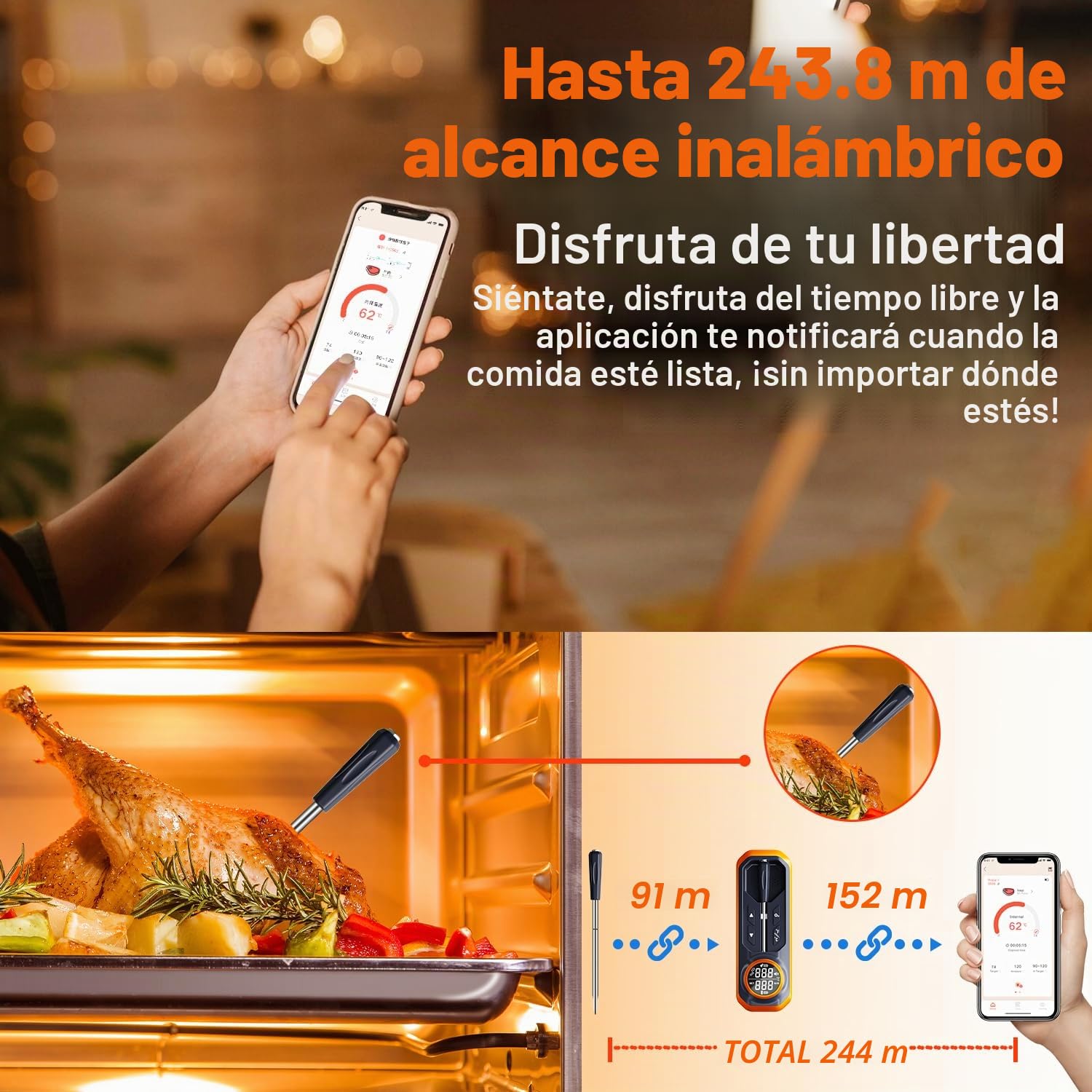 GRAM PRES Termómetro de carne inalámbrico, termómetro digital de cocina con sonda inalámbrica y alcance de 500 pies, termómetro para alimentos, aplicación iOS y Android, temperaturas preprogramadas