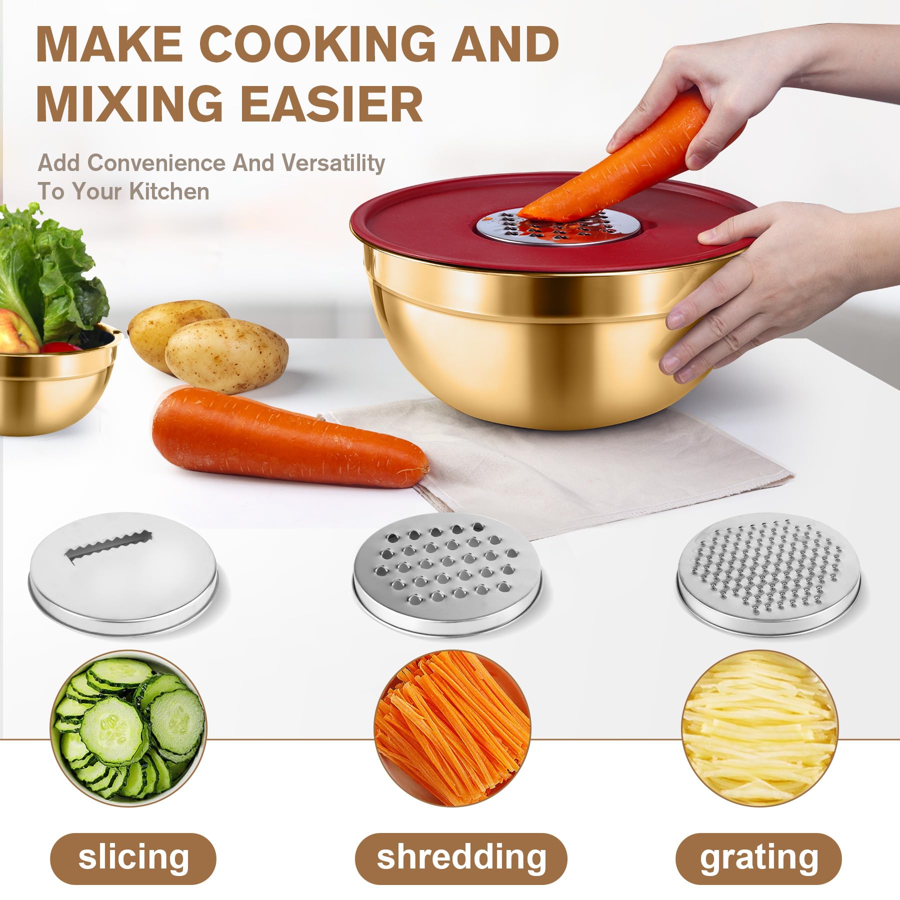 Set di 7 ciotole con coperchio, ciotole dorate per mescolare, in acciaio inox, per cucina, set da 7 ciotole con grattugia da 3 pezzi, dimensioni 7, 3,6, 2,7, 2,1, 1,5, 1,1, 0,8 Qt