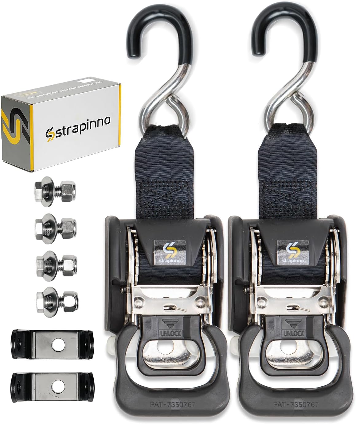 Strapinno Stainless Steel S Hook Transom Retractable Ratchet Straps 1 7/8 in x 4 ft, Breaking Strength 1650 lbs / 750 kg