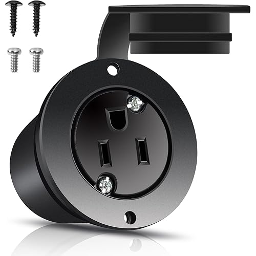 Flanged Outlet 15 Amp Female Electrical Plug NEMA 5-15R Receptacle Recessed Outdoor Waterproof Cover 2 Pole 3 Wire Grounding Commercial Grade for Pickup Truck Bed Marine Boat RV AC Power UL Listed