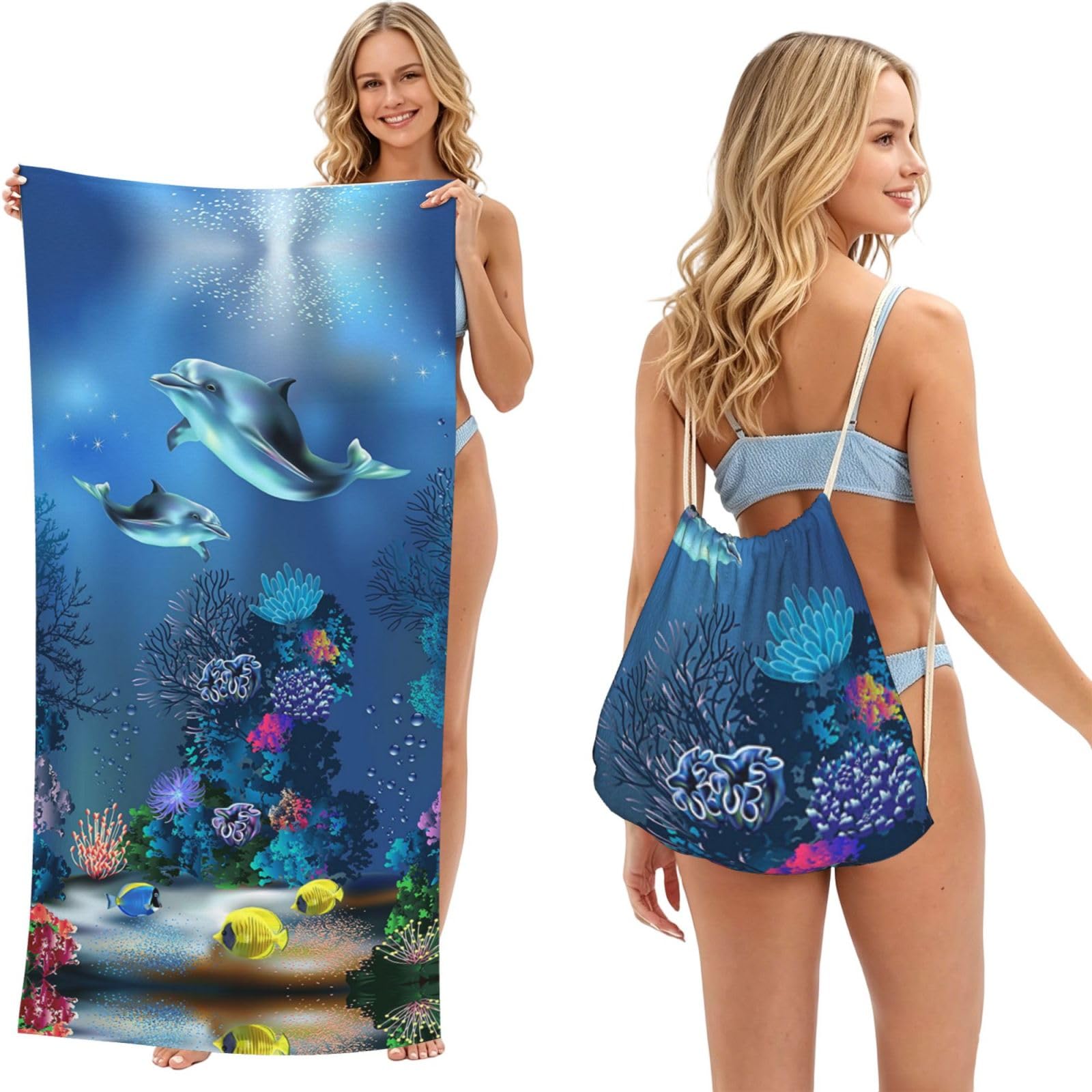 SATUSA Underwater World Dolphins Coral Print 2-In-1 Foldable Beach Towel Backpack â€“ Camping, Yoga And Travel,Bath Towel With Built-In Storage, Convertible Beach Mat & Carry Bag