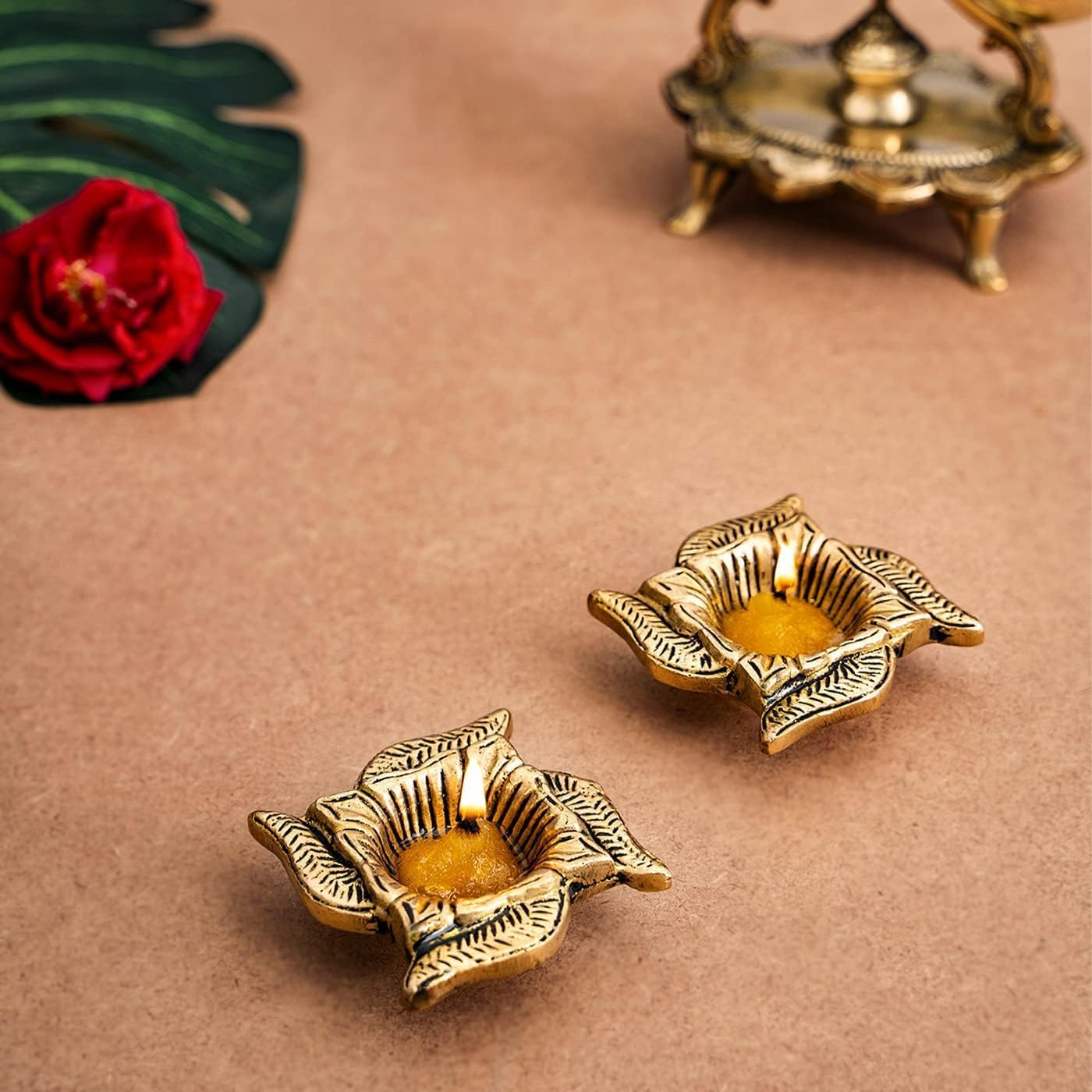 Metal Gold Polish Diya for Pooja Swastik Diya in Gold Antique Finished Deepak Oil Lamp for Diwali Pooja Room Home Temple Puja Articles Return Gifts for House Warming Ceremony Set of 2