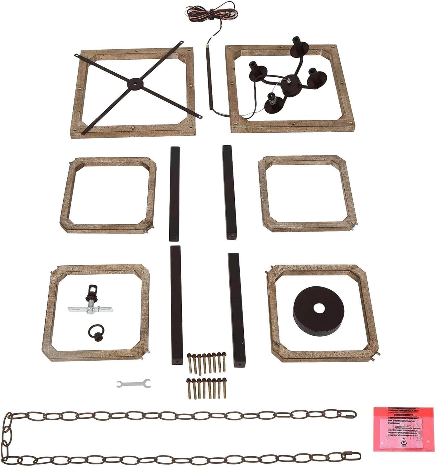 LALUZ Farmhouse Chandelier, 4-Light Rustic Wood Dining Room Chandelier Light Fixture, Cage Cube Wooden Pendant Chandeliers for Dining Room, Living Room, Bedroom, Entryway