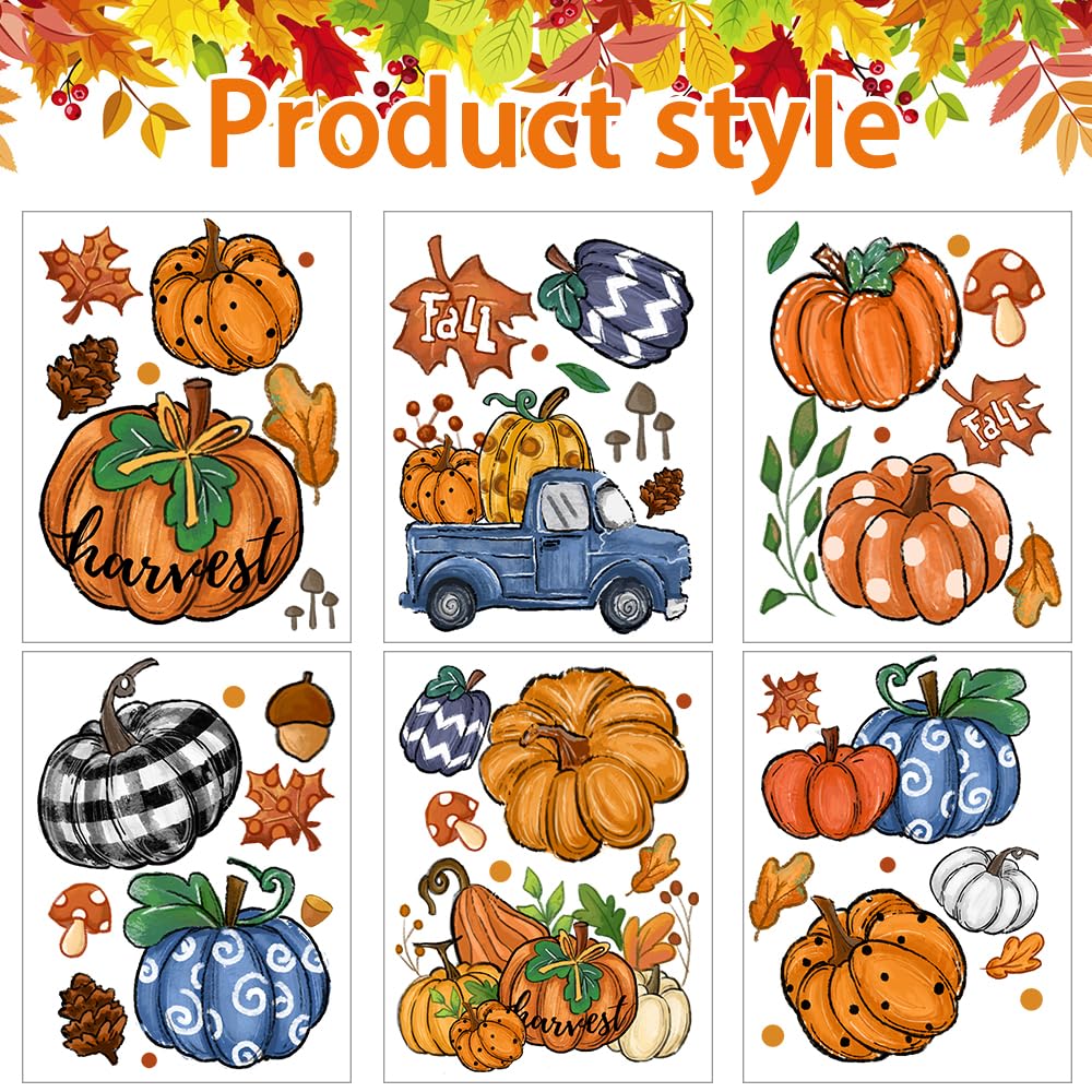 DIYDEC 6 Sheets Fall Window Clings Double-Sided Window Stickers with Orange Maple Leaves Pumpkins Blue Truck Thanksgiving Window Decals for Autumn Home Holiday Party Store Glass Decoration