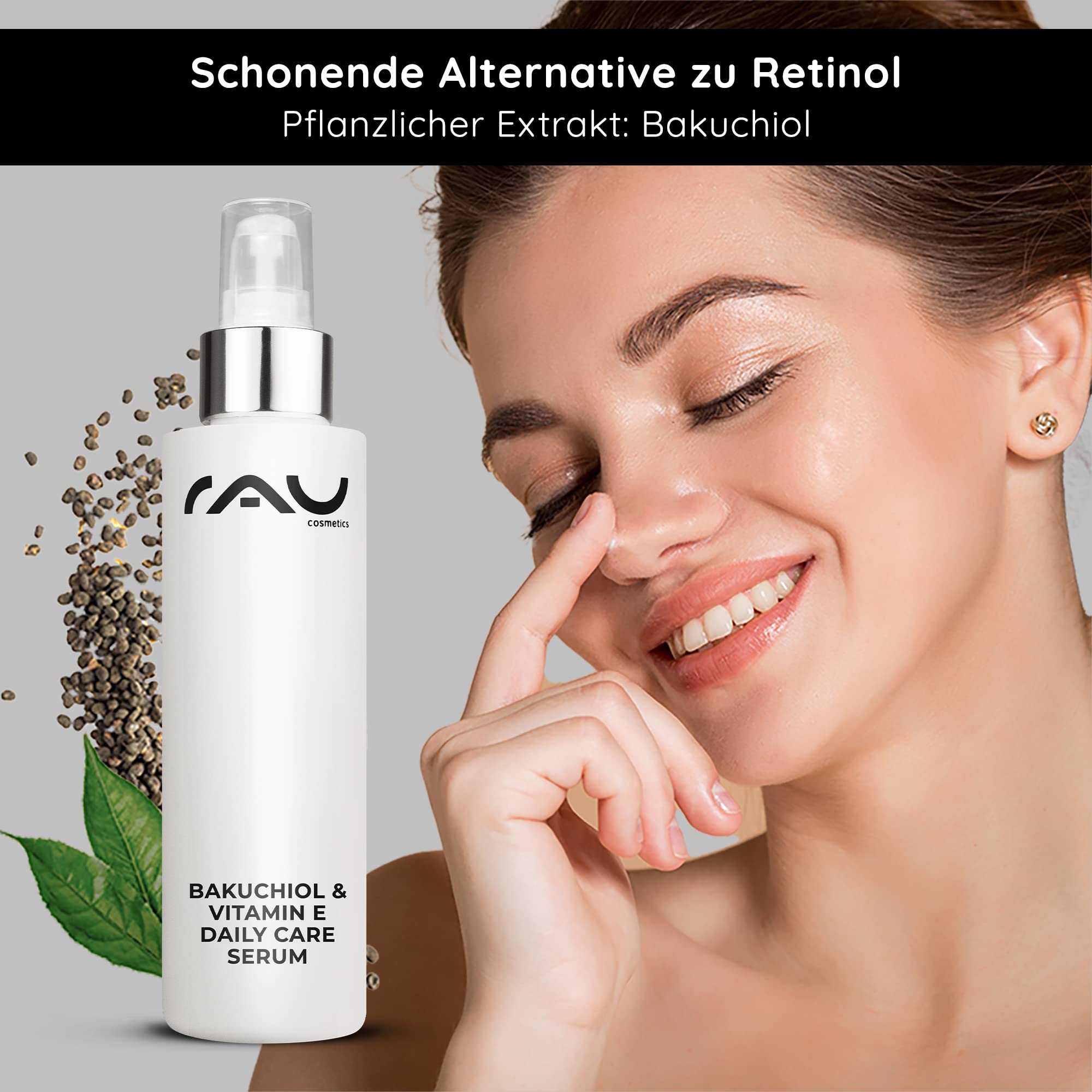RAU Cosmetics Bakuchiol Vitamin E Serum 100ml - Anti-Aging Gesichtsserum mit pflanzlicher Retinol-Alternative - Feuchtigkeitsserum mit Squalan Bisabolol für alle Hauttypen - Made in Germany