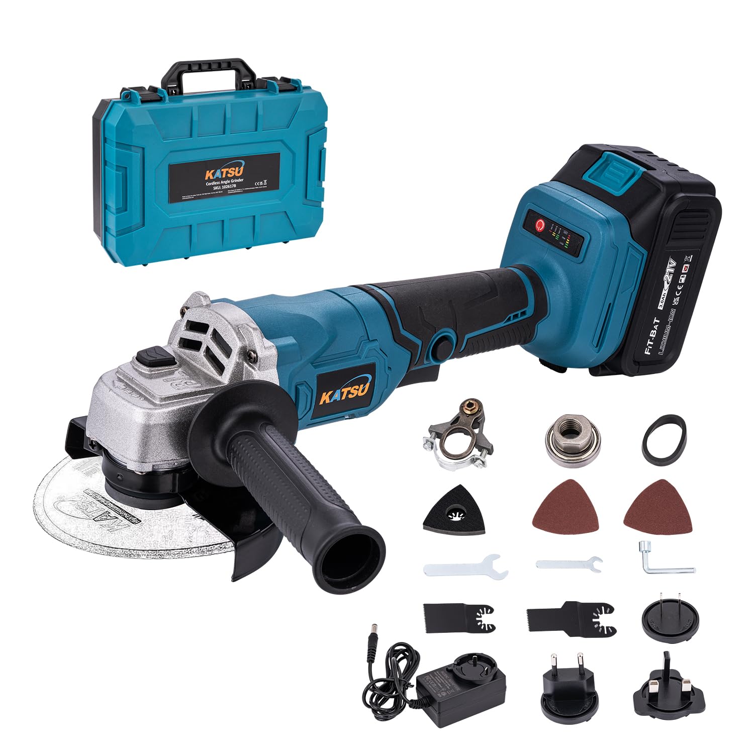 KATSU FIT-BAT 21 V borstelloze draadloze haakse slijper 115 mm 125 mm met 3,0 Ah batterij en oplader en oscillerende multi-tool adapter bevestigingskits voor slijpen snijden polijsten 102618B
