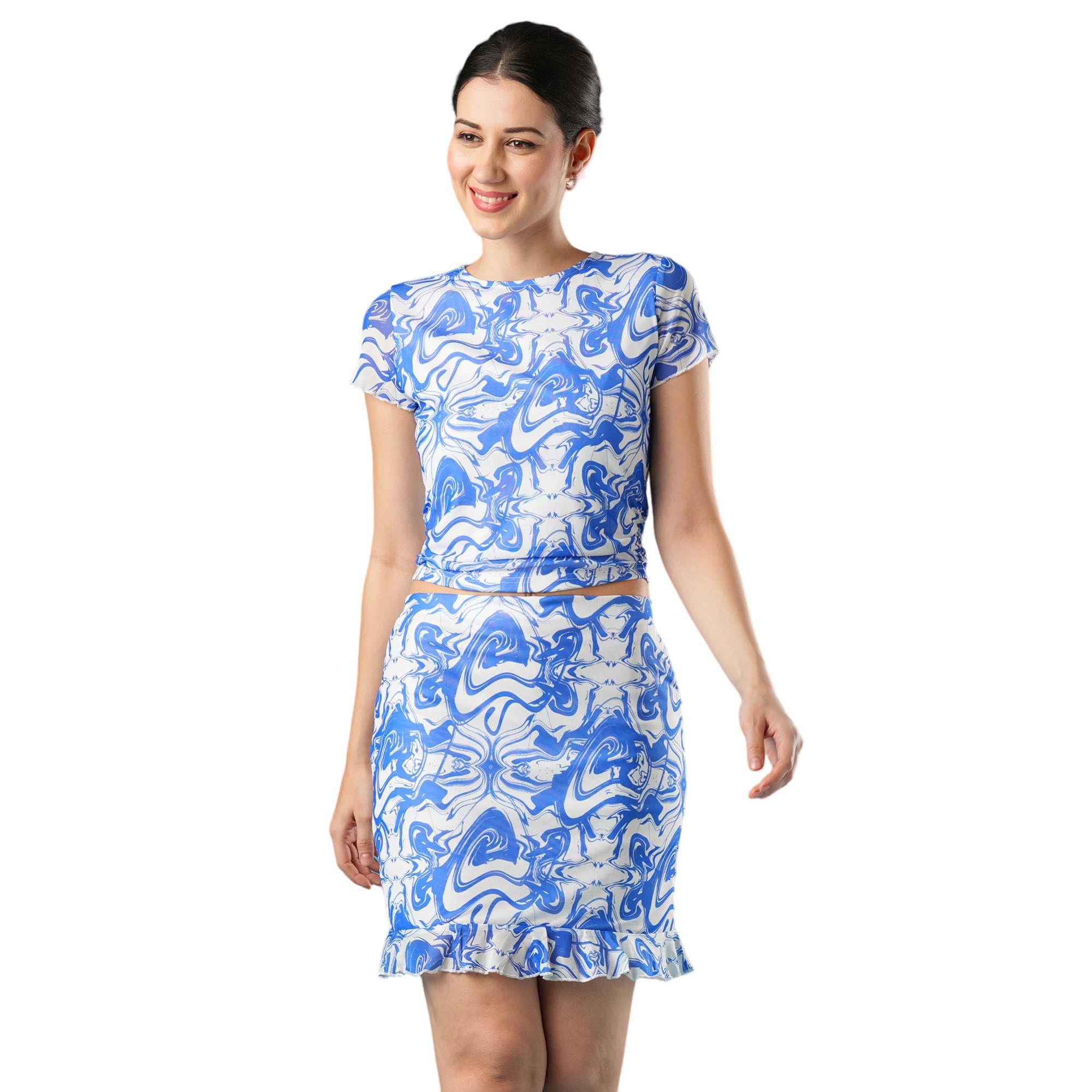 Women Abstract Printed Side Ruched Top & Flounce Hem Mini Pencil Skirt Co-Ord Set