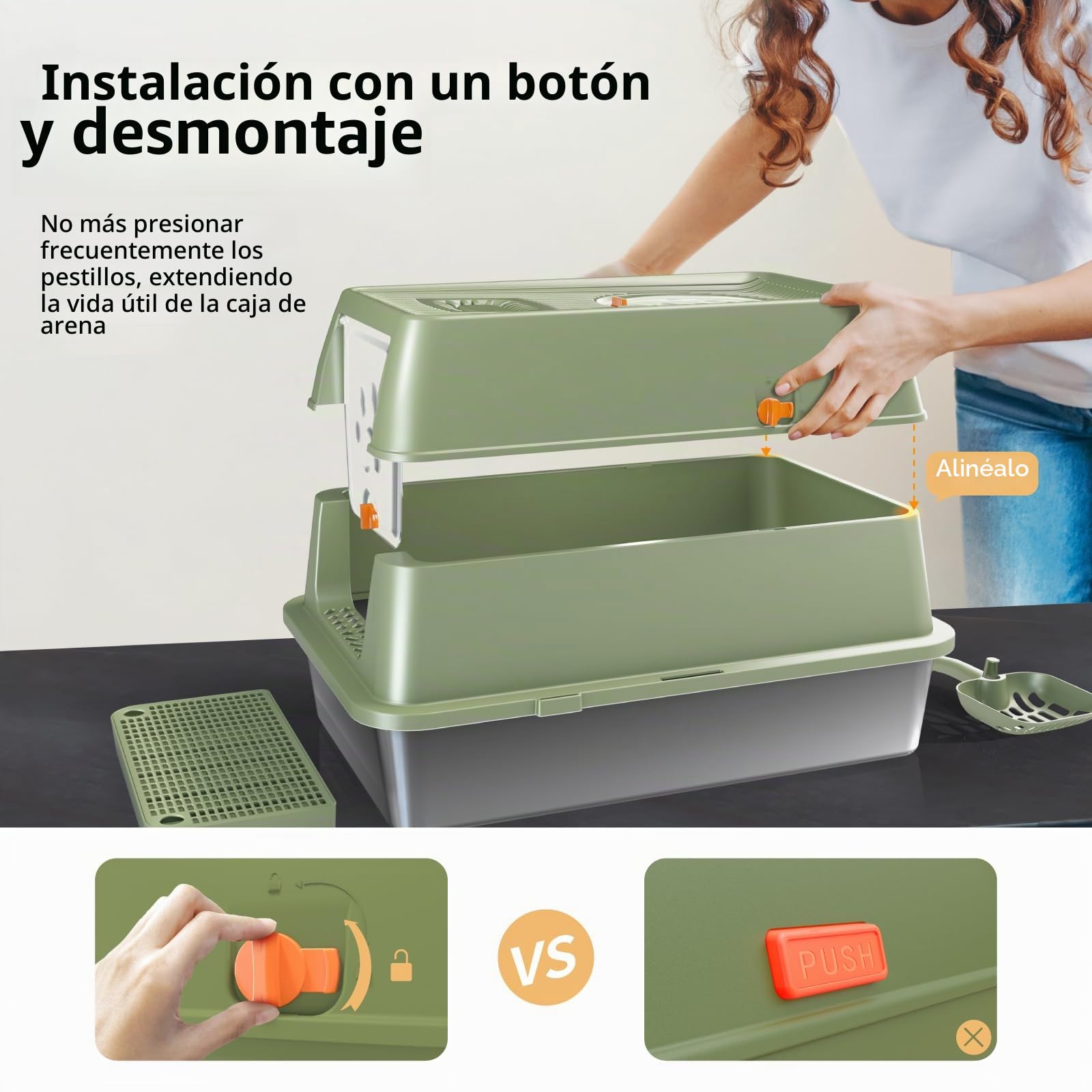 Arenero Acero Inoxidable Gatos, XXL Arenero Cerrado para Gatos, 60 x 40 x 39 cm, Caja de Arena con Pala - Verde