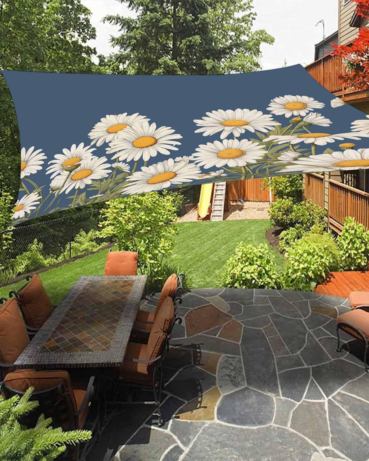 Daisy Flower Sun Sail Shades Rectangle Canopy,Sunlight Block Heavy Duty Curved Backyard Shade Cover,Waterproof Sun Shades for Patios Garden Outdoor,8'x10' White Spring Summer Botanical Navy Blue