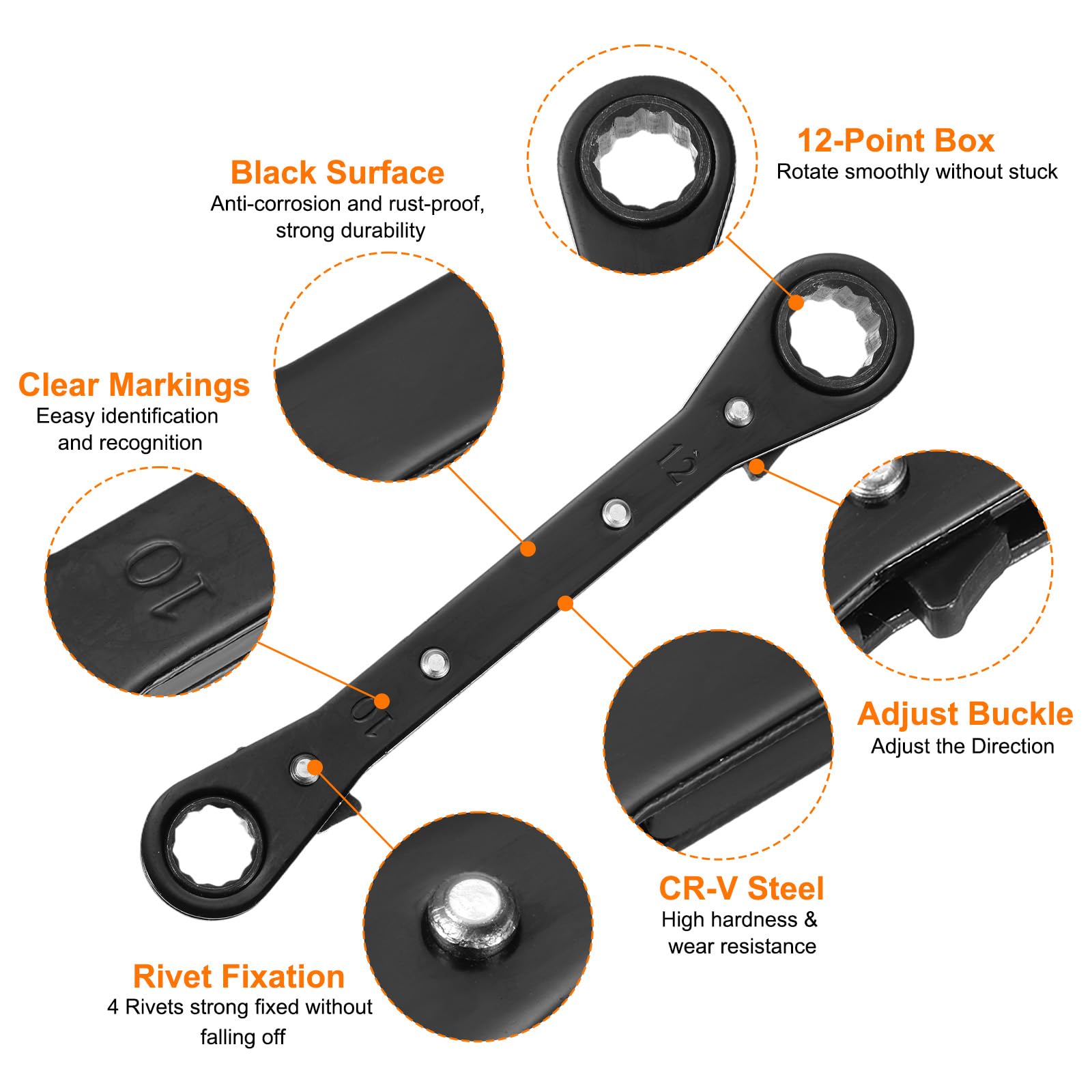 HARFINGTON Double Box End Ratcheting Wrench – 7mm X 9mm, 12-Point 24-Tooth, 25° Offset, Reversible, CR-V Steel Metric Spanner (Silver Grey)