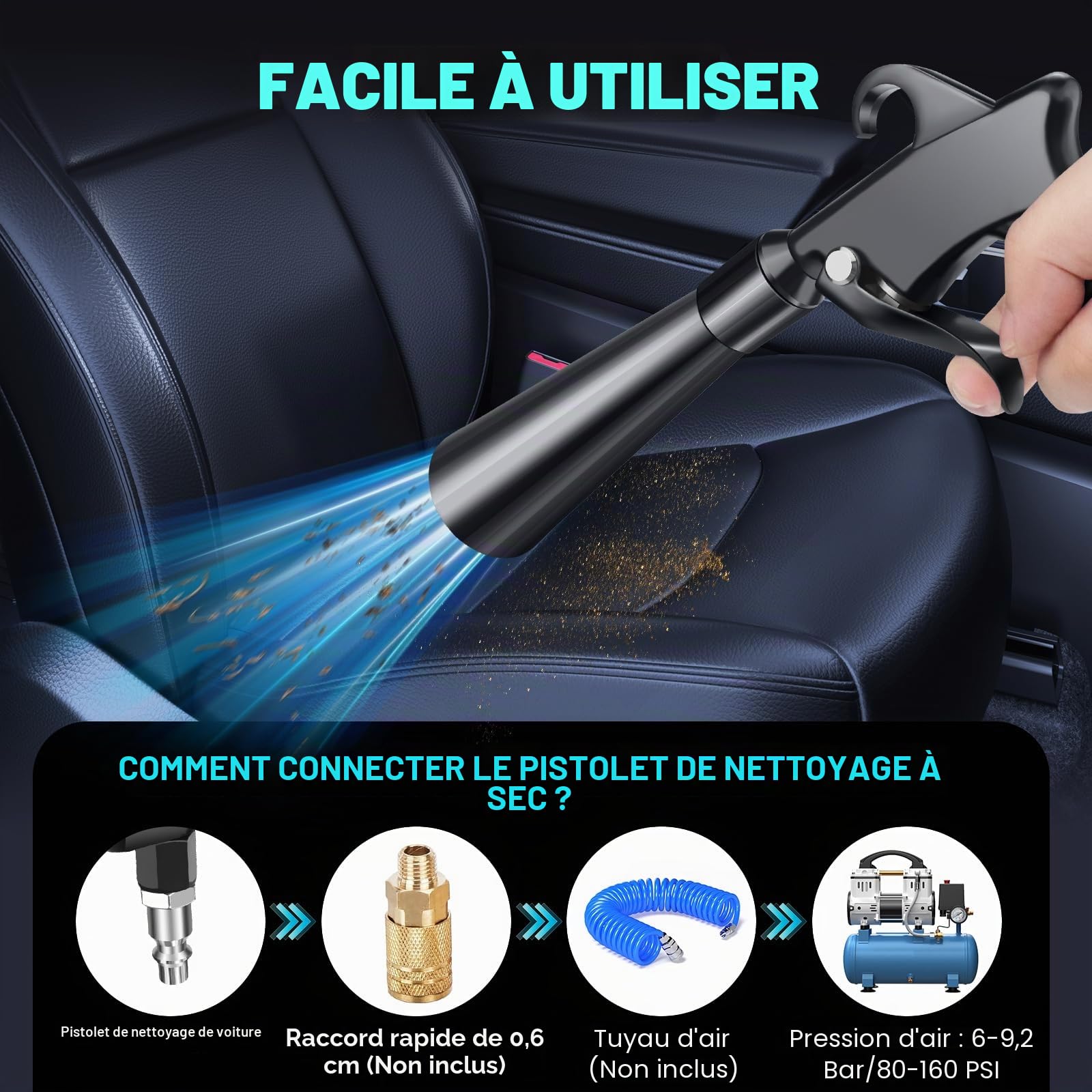 Pistolet de nettoyage à sec haute pression pour voiture, pistolet à air de séchage intérieur avec 2 buses pour évacuer rapidement la saleté et la poussière avec flux d'air