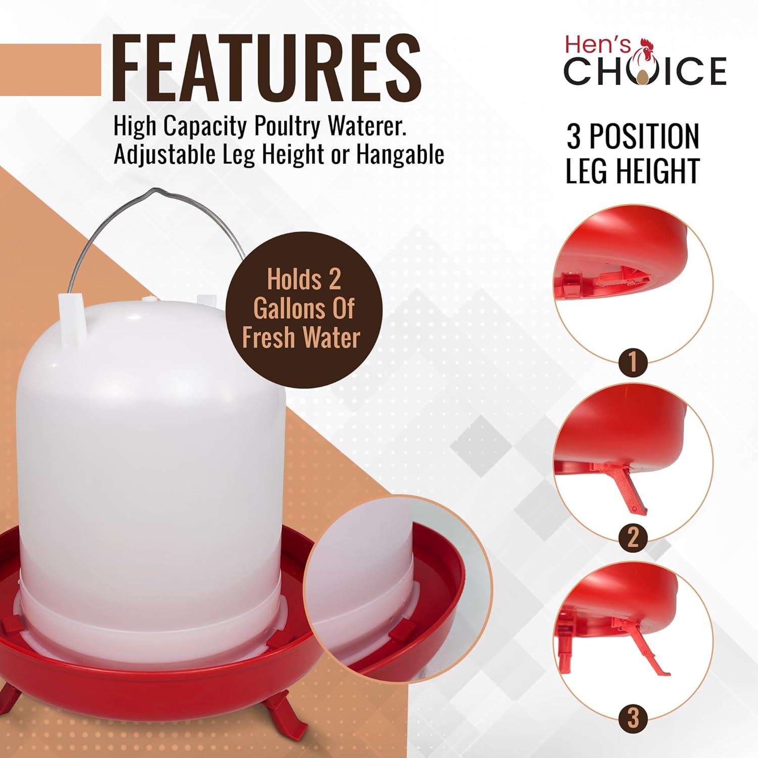 Hen's Choice Chicken Feeder and Waterer Set, 11 lb Feed Capacity, 2.1 Gallon Water Capacity, Adjustable Height (Red)