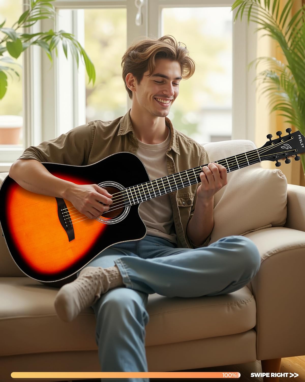 Acoustic Guitar Kit, 41 Inch Full Size 6 String Cutaway Guitarra Acústica for Beginner Adults with Tuner, Gig Bag, Strap, Steel Strings, Capo, Pickguard, Picks, FD60C, Sunburst