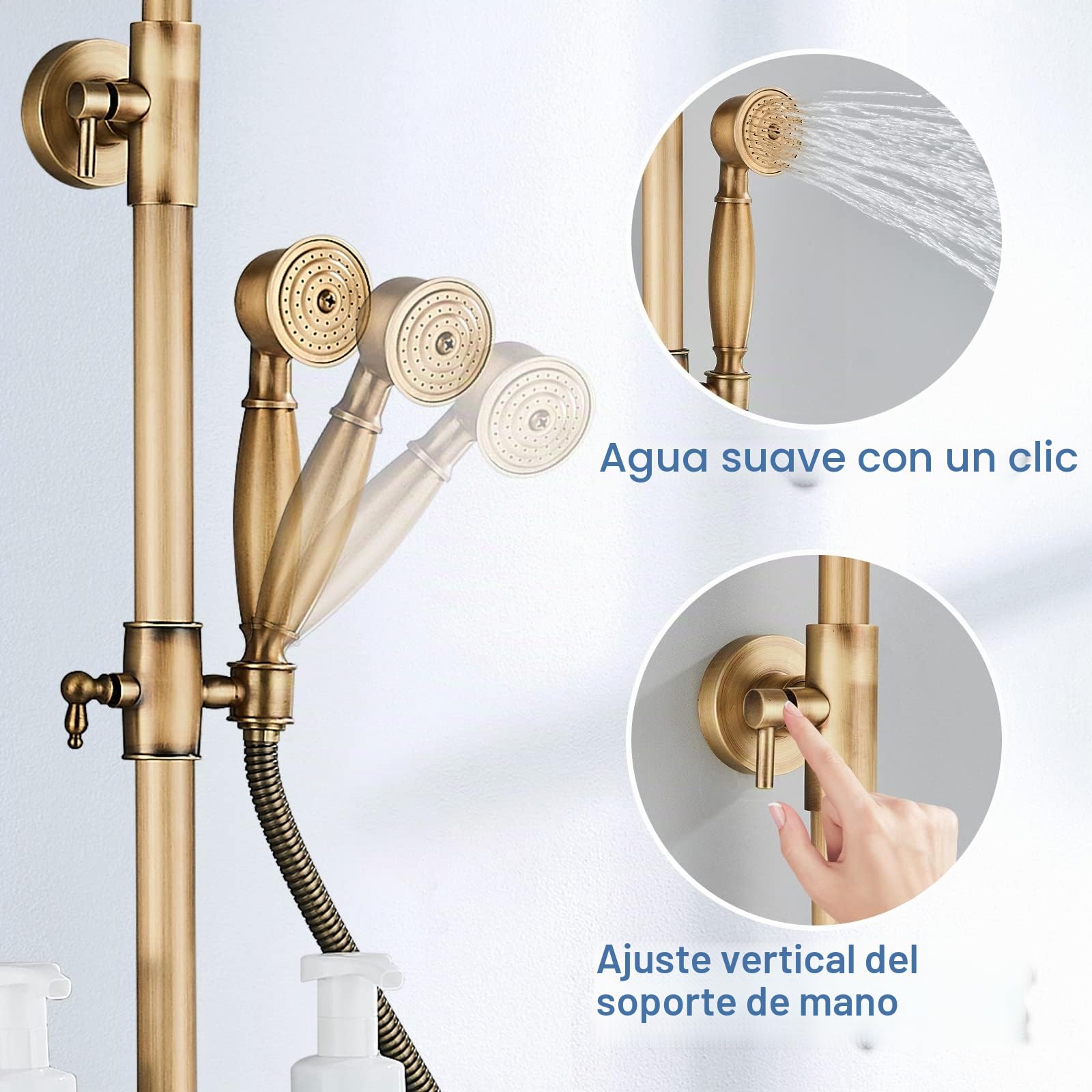 Columna de Ducha con Grifo Mezclador de Latón Vintage con Ducha de Mano y Cabezal de ducha,Regulable en altura de 100 a 130 CM