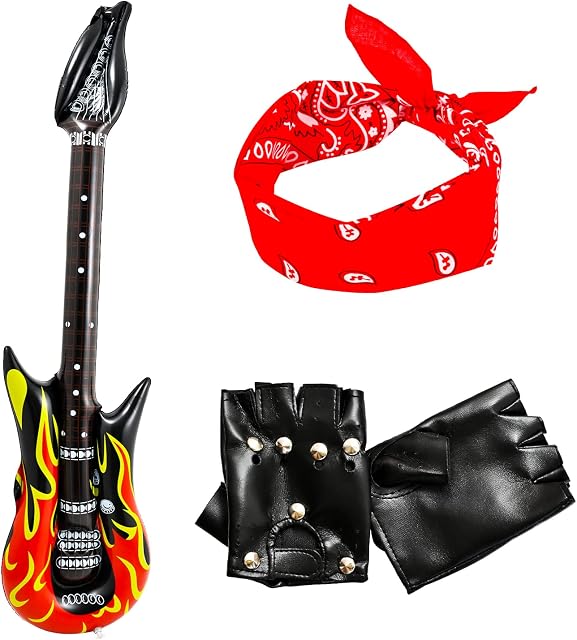 UNVOJL 3 Pieces Punk Rocker Party Kit Inflatable Guitar Punk Gloves Red Cotton Paisley Bandana Scarf Headband for Rock Punk Disco Halloween Costume Accessories