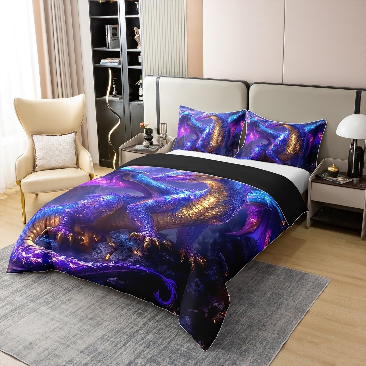 Erosebridal Dragon 100% Cotton Bedding Set Queen Size Mysterious Safari Duvet Cover for Boys Men Psychedelic Volcanic Rock Black Gold Purple Comforter Cover Soft Breathable Bedclothes