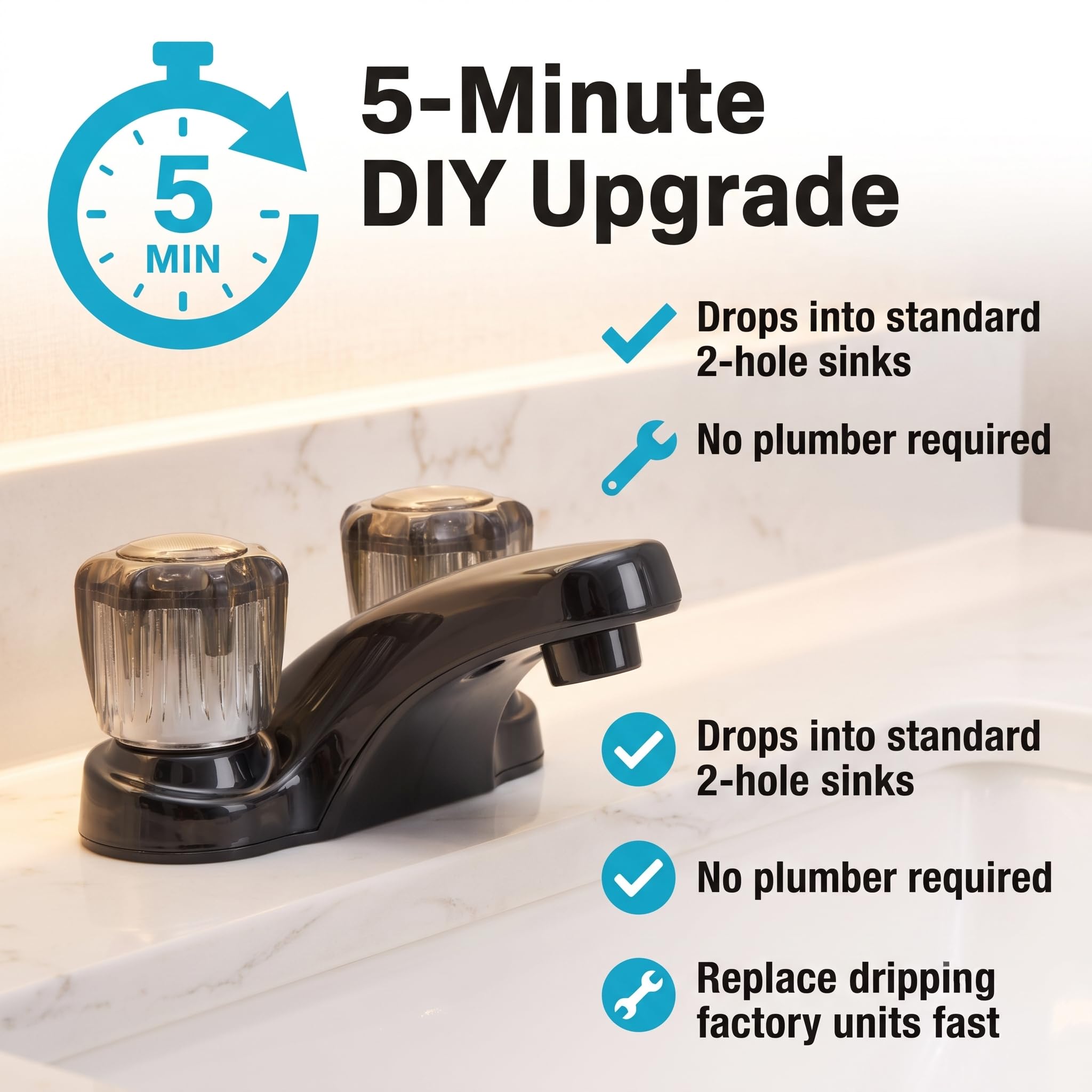 Dura Faucet Grifo de lavabo RV con pomos acrílicos ahumados, color negro