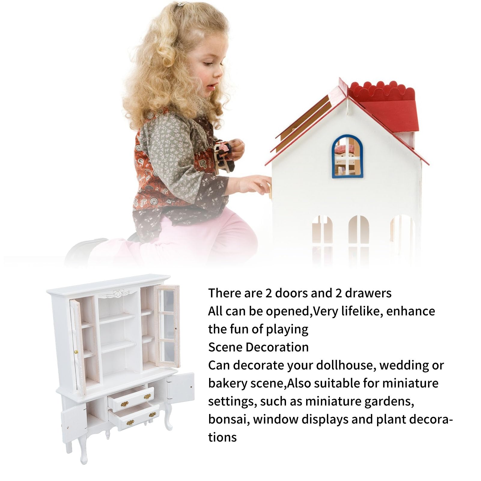 Dollhouse Furniture Cabinet, 1:12 Scale Wooden Cupboard Bookcase Display Shelf, Dollhouse Bookshelf for DIY Dollhouse Living Room (White)