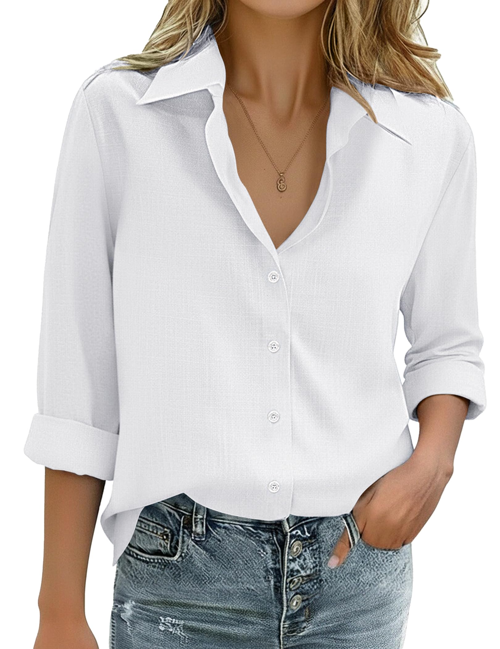 Zeagoo Womens Cotton Linen Button Down Shirts Loose Fit Long Sleeve Collared Blouse Casual V Neck Tops Outfits S-3XL