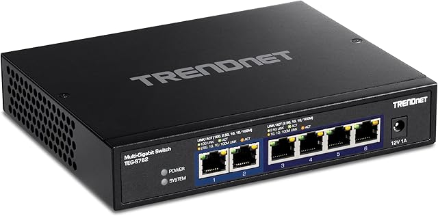 TRENDnet 6-Port 10G Switch, 4 x 2.5G RJ-45 BASE-T Ports, 2 x 10G RJ-45 Ports, 60Gbps Switching Capacity, Wall Mountable, 10 Gigabit Network Connections, Lifetime Protection, Black, TEG-S762