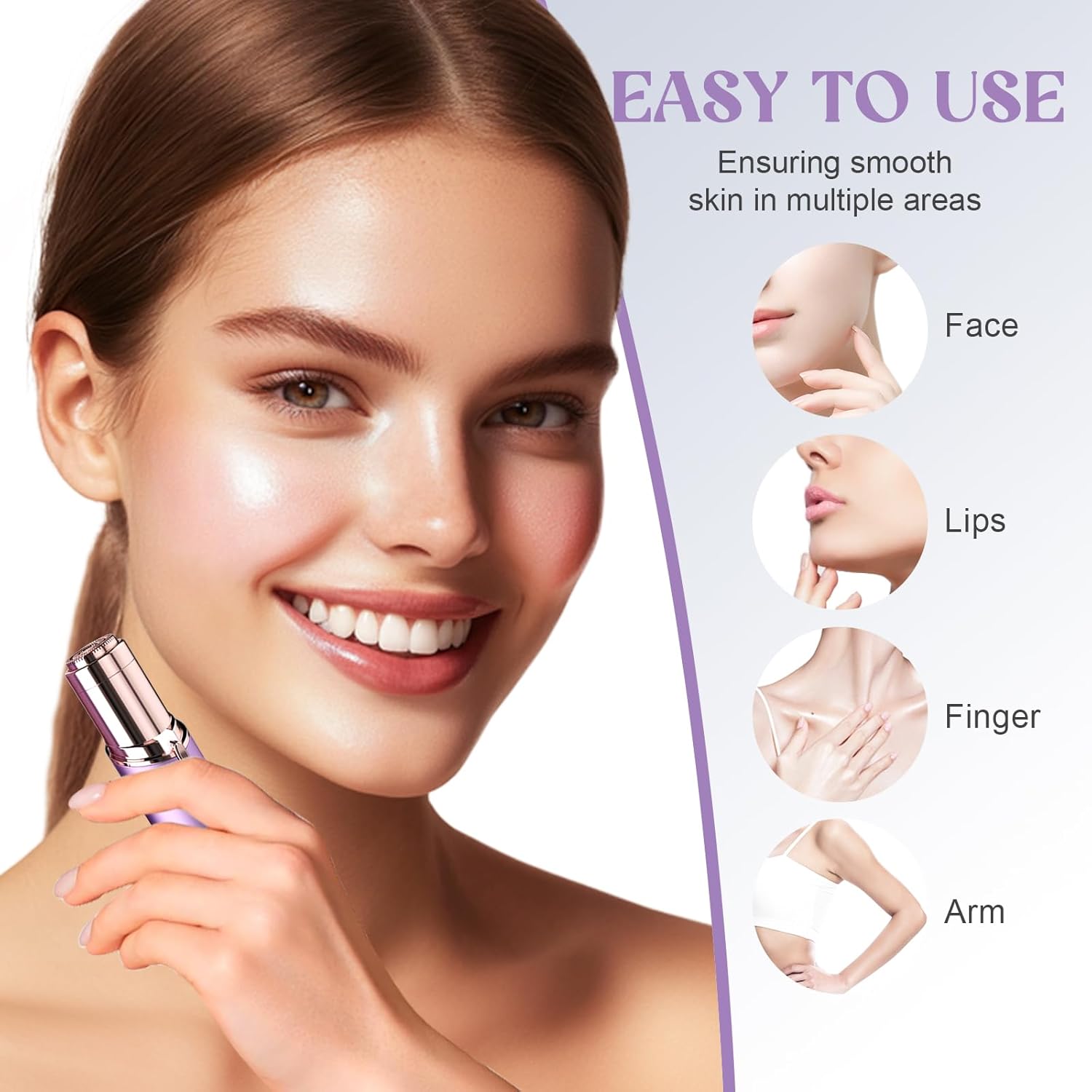 Women's Painless Hair Remover for Women, Battery Powered Facial Hair Shaver for Lips, Chin, Neck, and Cheek with 2 Replacement Heads, Purple