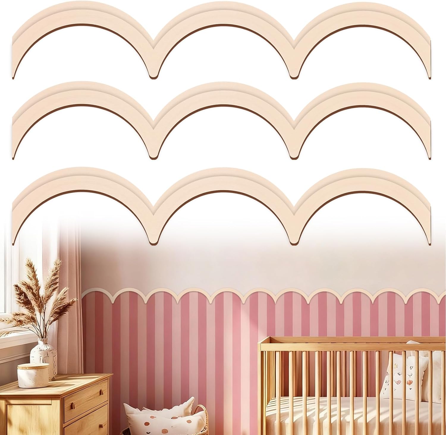 Ripeng Unfinished Scalloped Decorative Wood Trim 15.75 x 2.9 Inch Scalloped Wood Molding Cute DIY Moulding Trim for Home Wall Cabinet Shelf Window Door(24 Pcs,Classic Style)