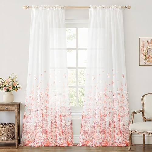 Miniatura 19 de MIULEE - Cortinas traslúcidas caqui de 2 paneles con patrón bordado de hojas, bolsillo con varilla, estilo floral, de lino sintético, cortinas