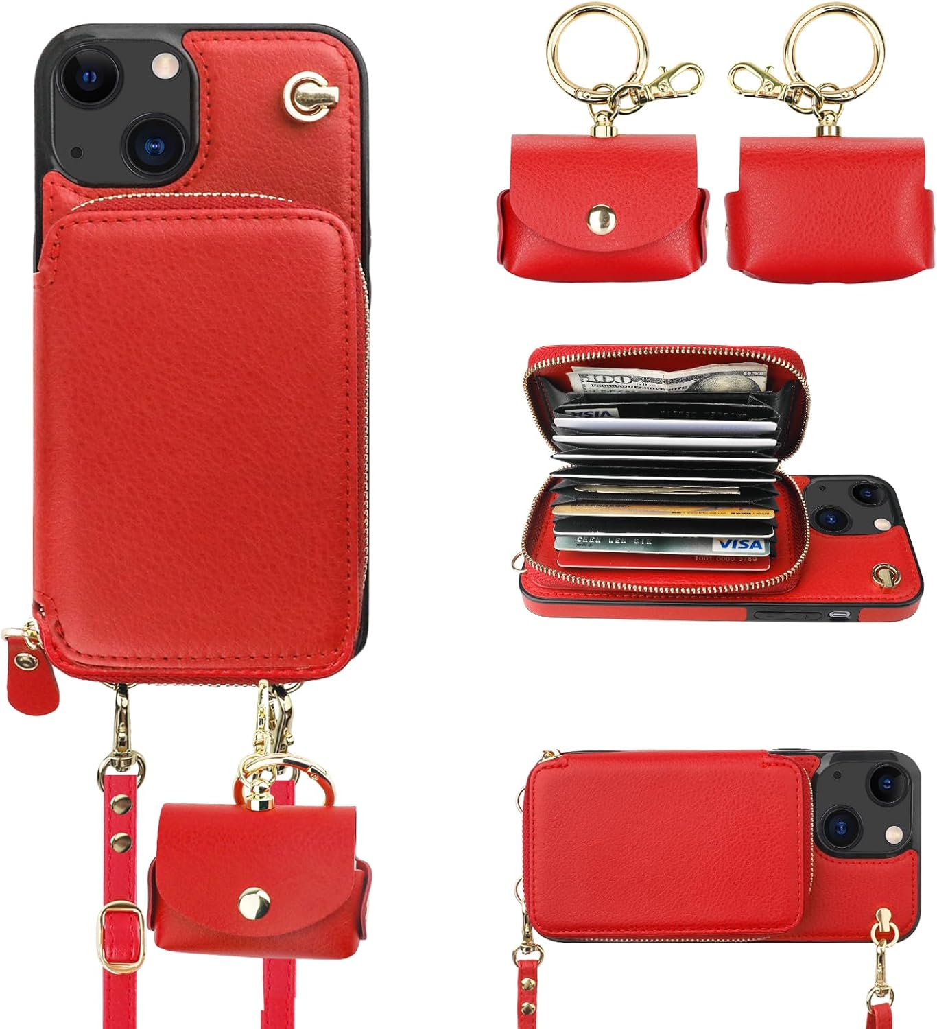 Bocasal A Multi Slots Crossbody Wallet Case for iPhone 13 + A Slim Leather Case for AirPods Pro