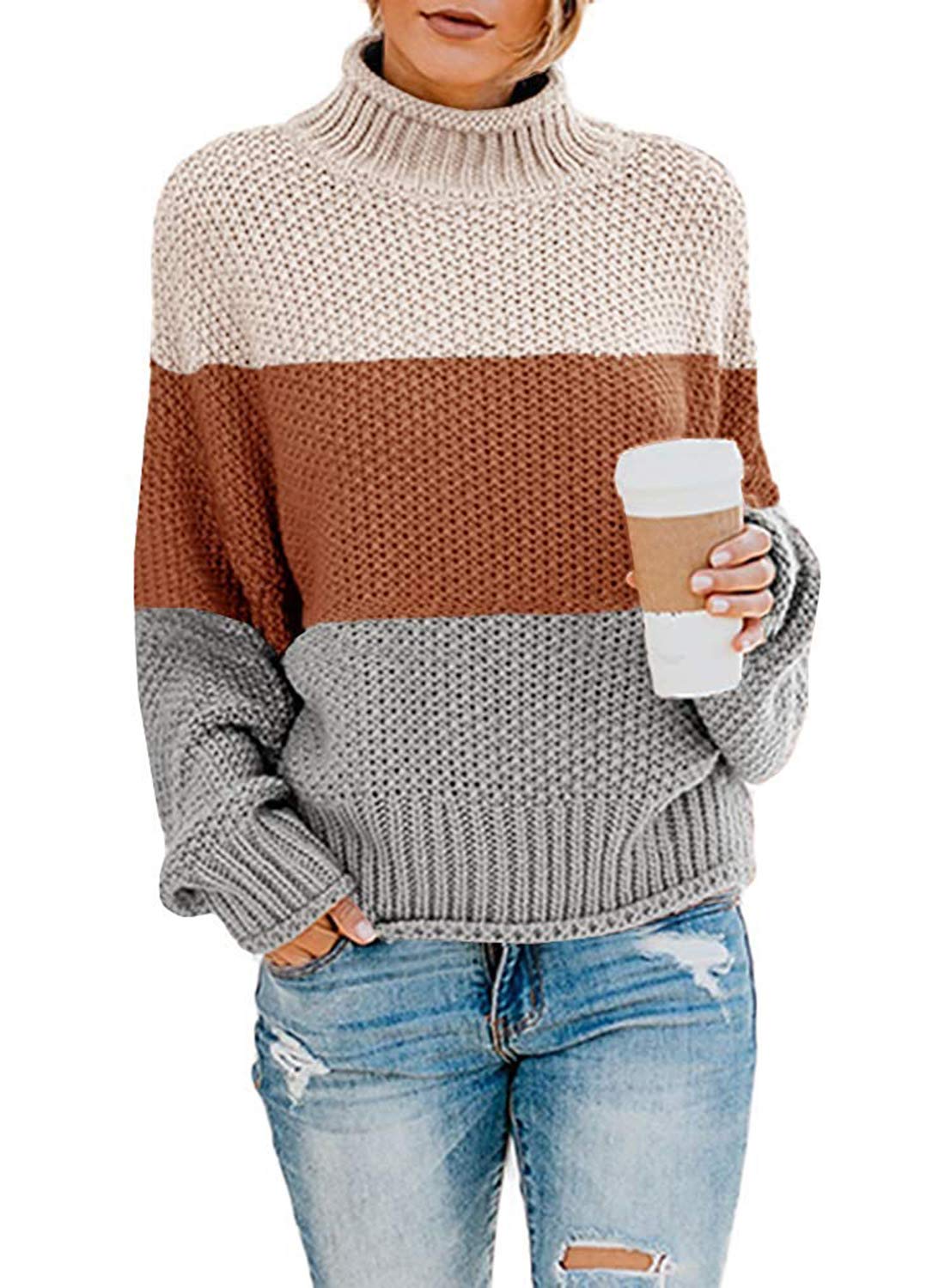 DokotooWomen Solid Turtleneck Balloon Long Sleeve Sweaters Pullover Outerwear