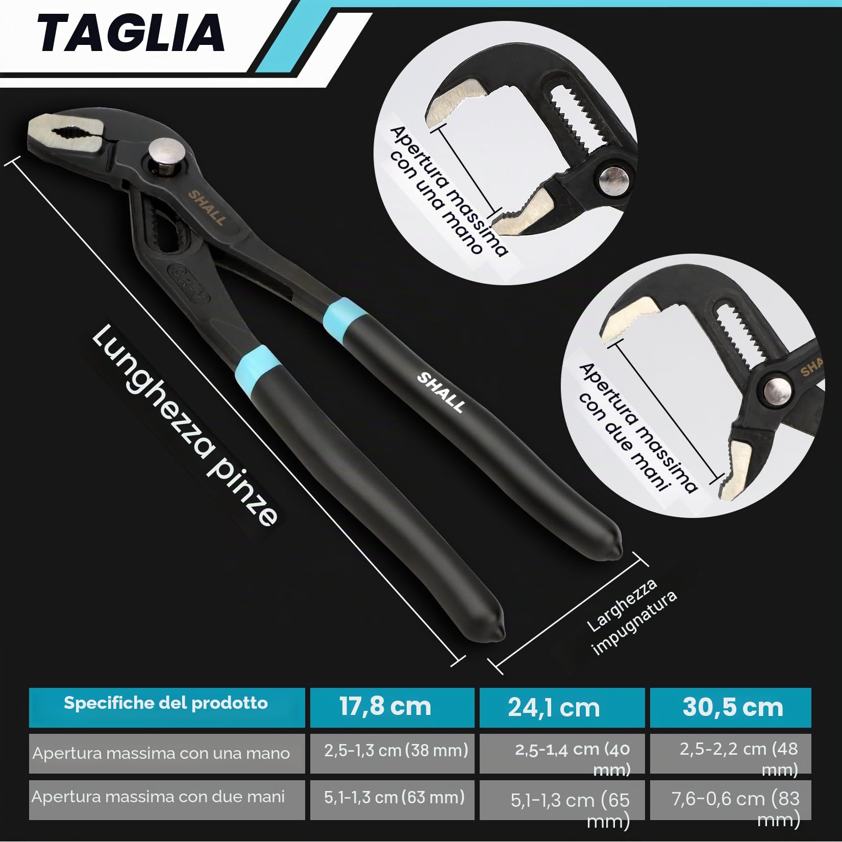 SHALL Set di pinze per giunti scanalati in 3 pezzi, pinze per pompa dell'acqua con chiusura a pressione in acciaio Cr-v,