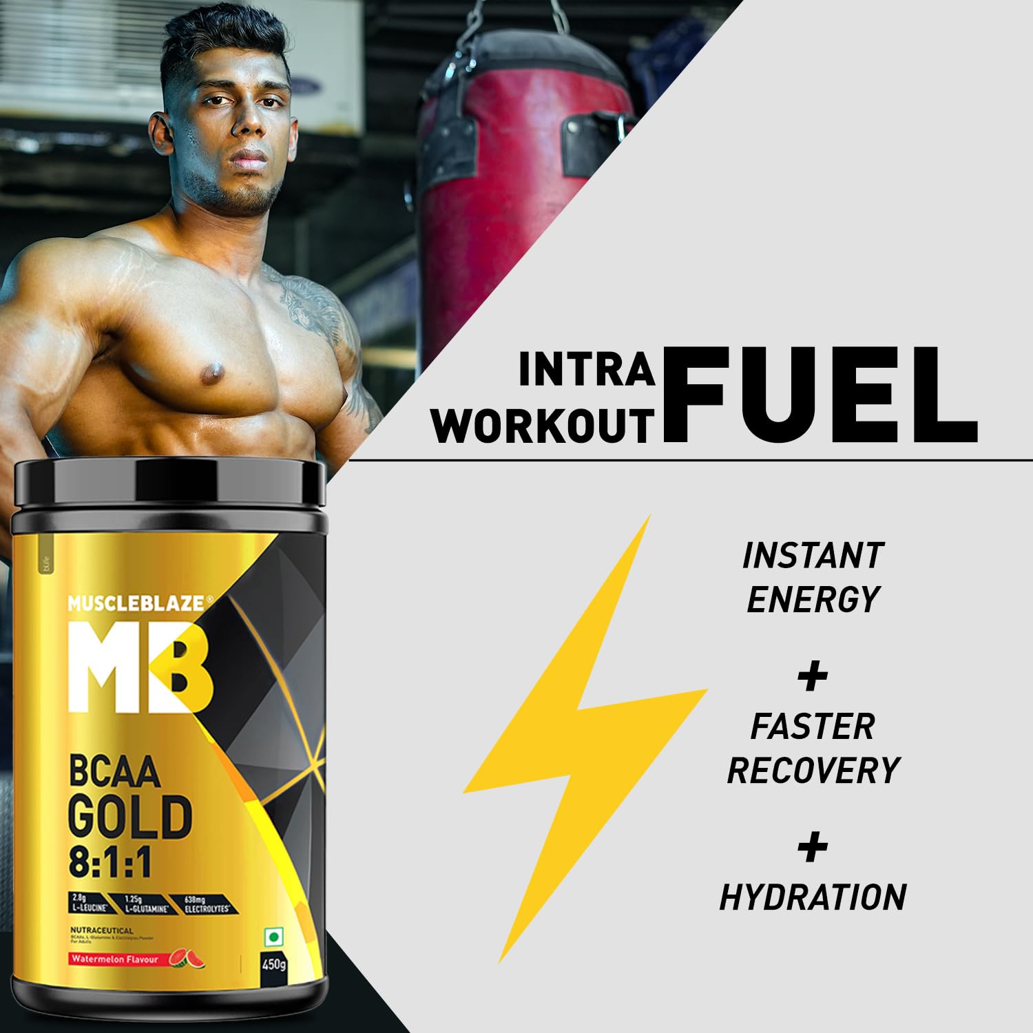 MuscleBlaze BCAA Gold 8:1:1 Powder, Watermelon (60 Servings, 450g) | With Higher Leucine, Electrolytes & Glutamine - Image 3 thumbnail