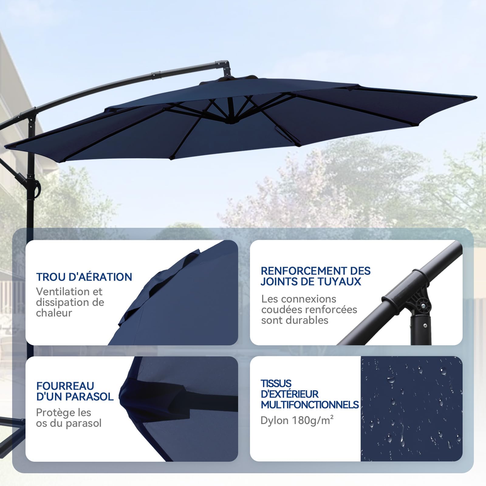 YU YUSING Parasol Déporté Inclinable 3x3M avec Manivelle, Pied Housse, Anti-UV UPF50+, Grand Parasol de Jardin Balcon Terrasse Patio, Inclinable, Imperméable, 8 Armatures Ultra-Résistantes